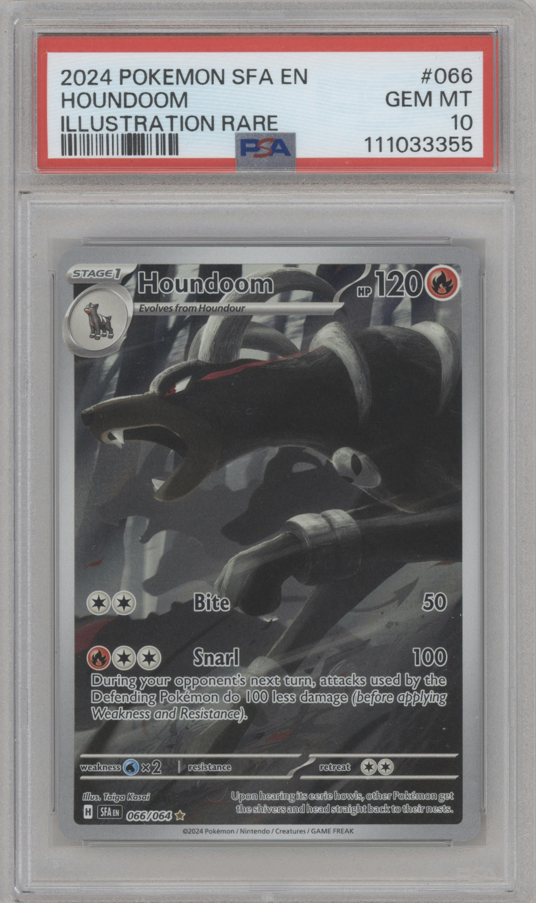 Houndoom from the 2024 Pokemon SV set graded by PSA and given an overall grade of 10.