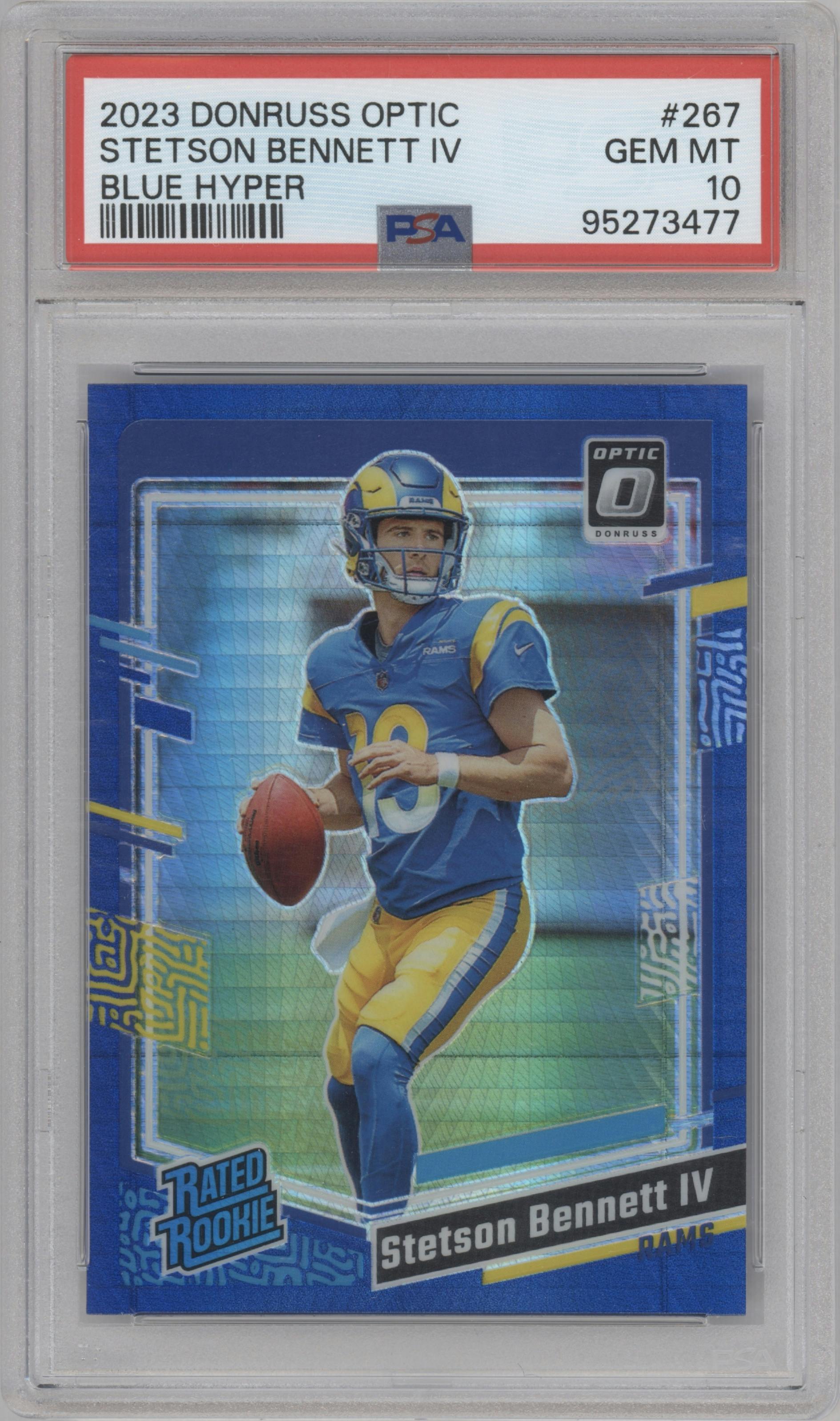 Stetson Bennett IV from the 2023 Donruss Optic set featuring a Hyper Blue parallel graded by PSA and given an overall grade of 10.