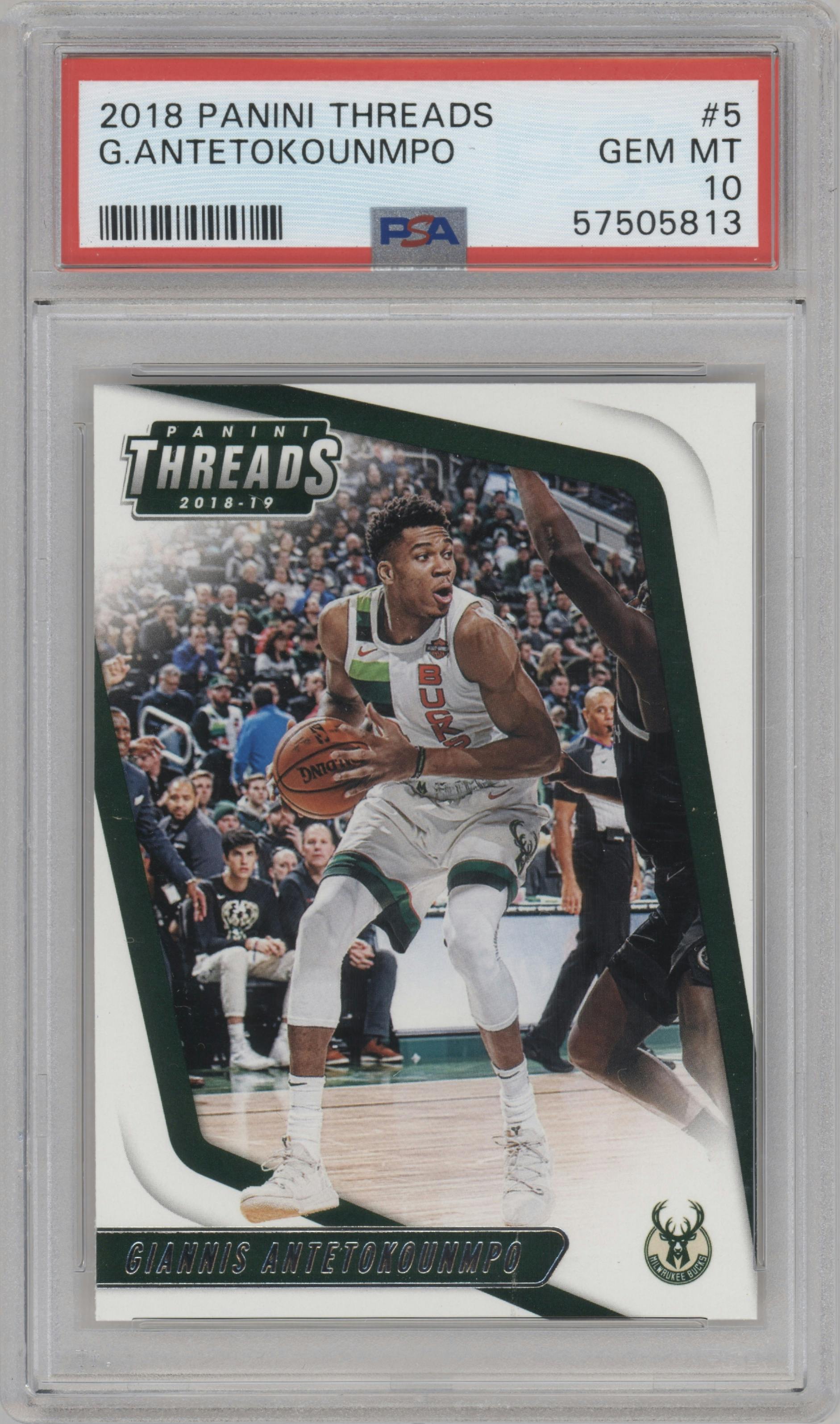 Giannis Antetokounmpo from the 2018-19 Panini Threads  set graded by PSA and given an overall grade of 10.