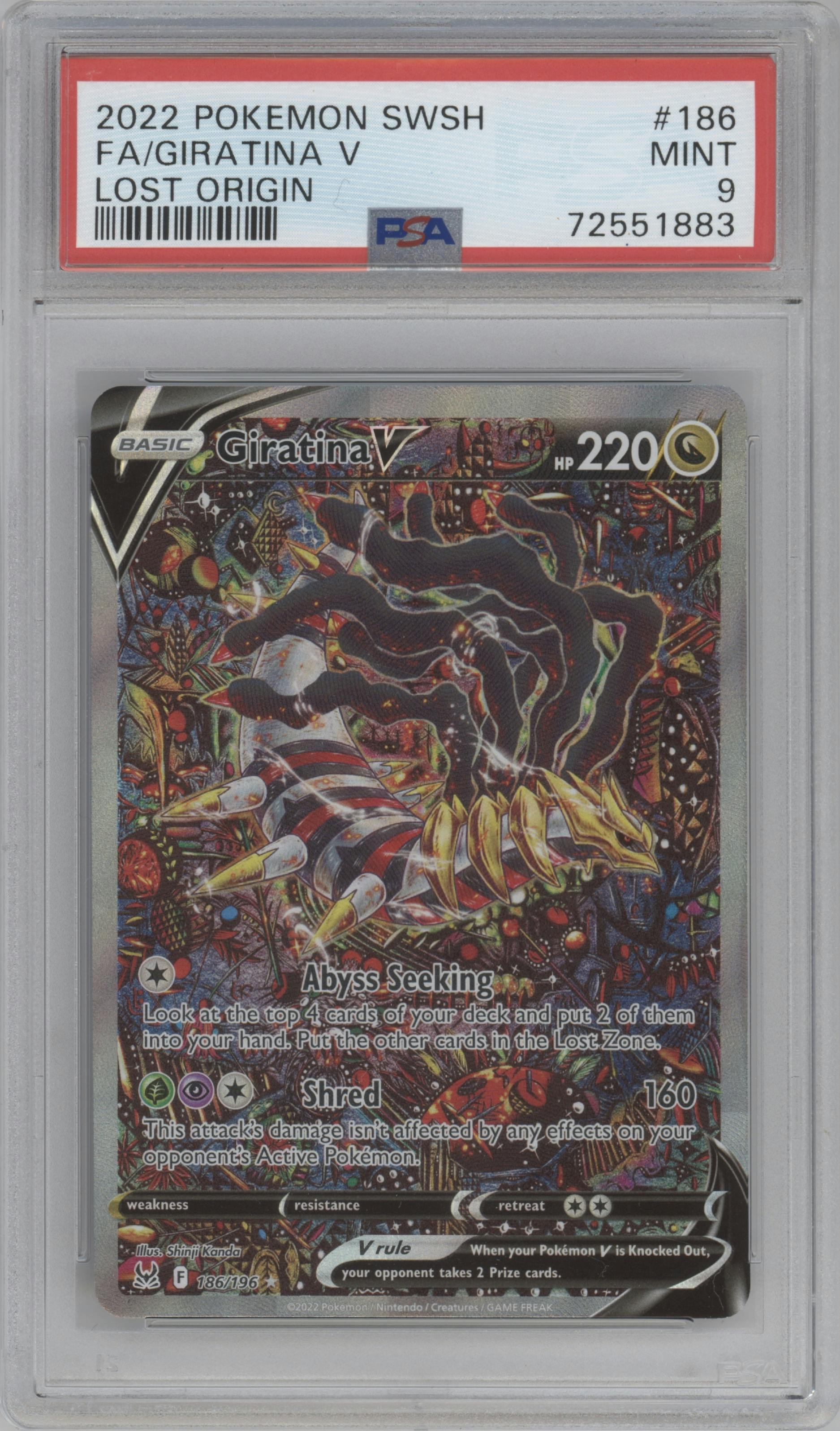 Giratina V from the 2022 Pokemon SWSH set graded by PSA and given an overall grade of 9.