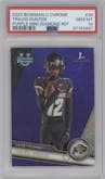 Travis Hunter  from the 2023 Bowman Chrome University set featuring a Purple Mini-Diamond Refractor parallel graded by PSA and given an overall grade of 10.
