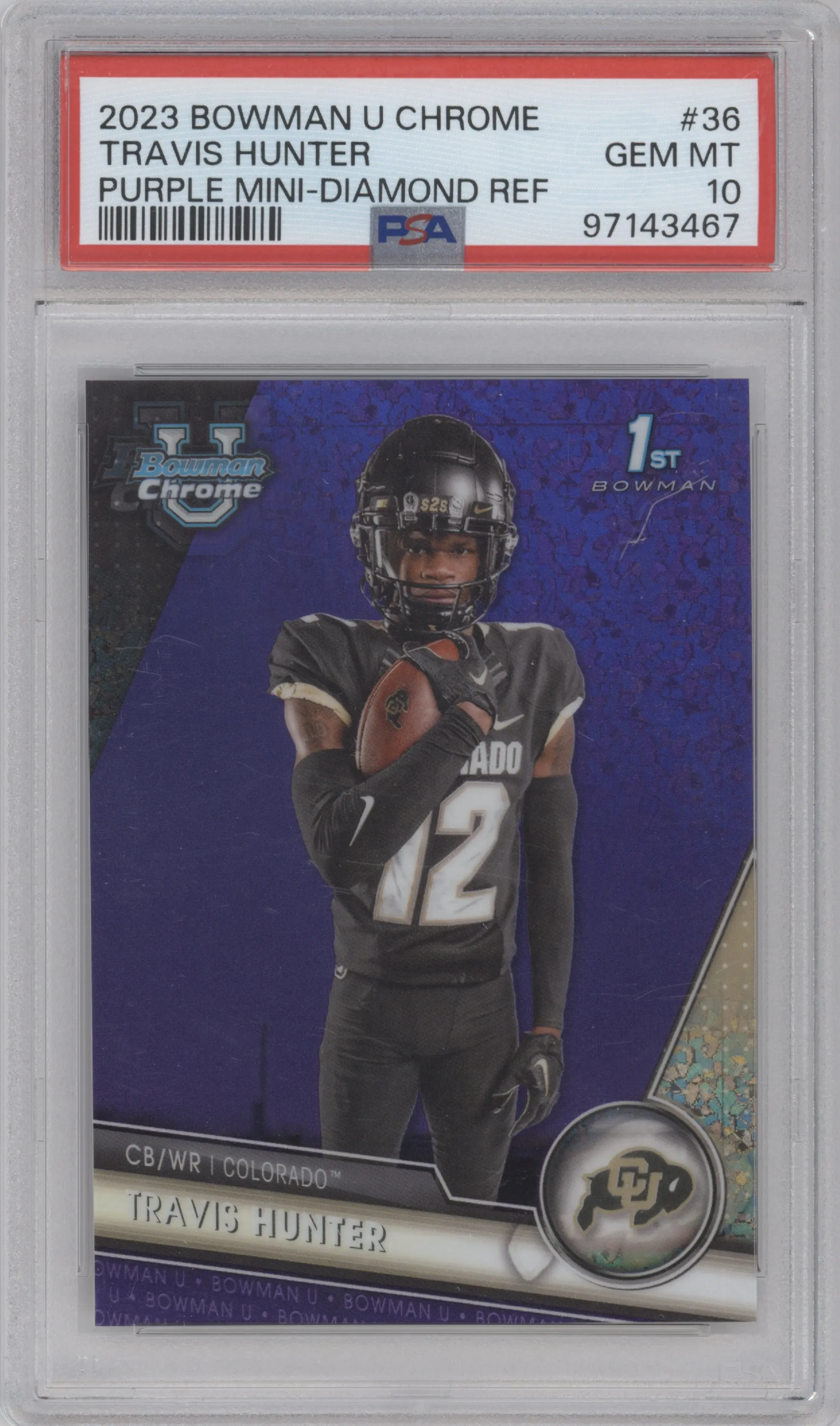 2023 Bowman Chrome University Travis Hunter Purple Mini-Diamond Refractor #36 PSA 10
