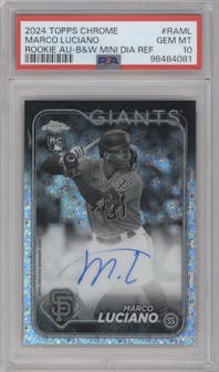 Marco Luciano  from the 2024 Topps Chrome set featuring a Black & White Mini-Diamond Refractor parallel graded by PSA and given an overall grade of 10.
