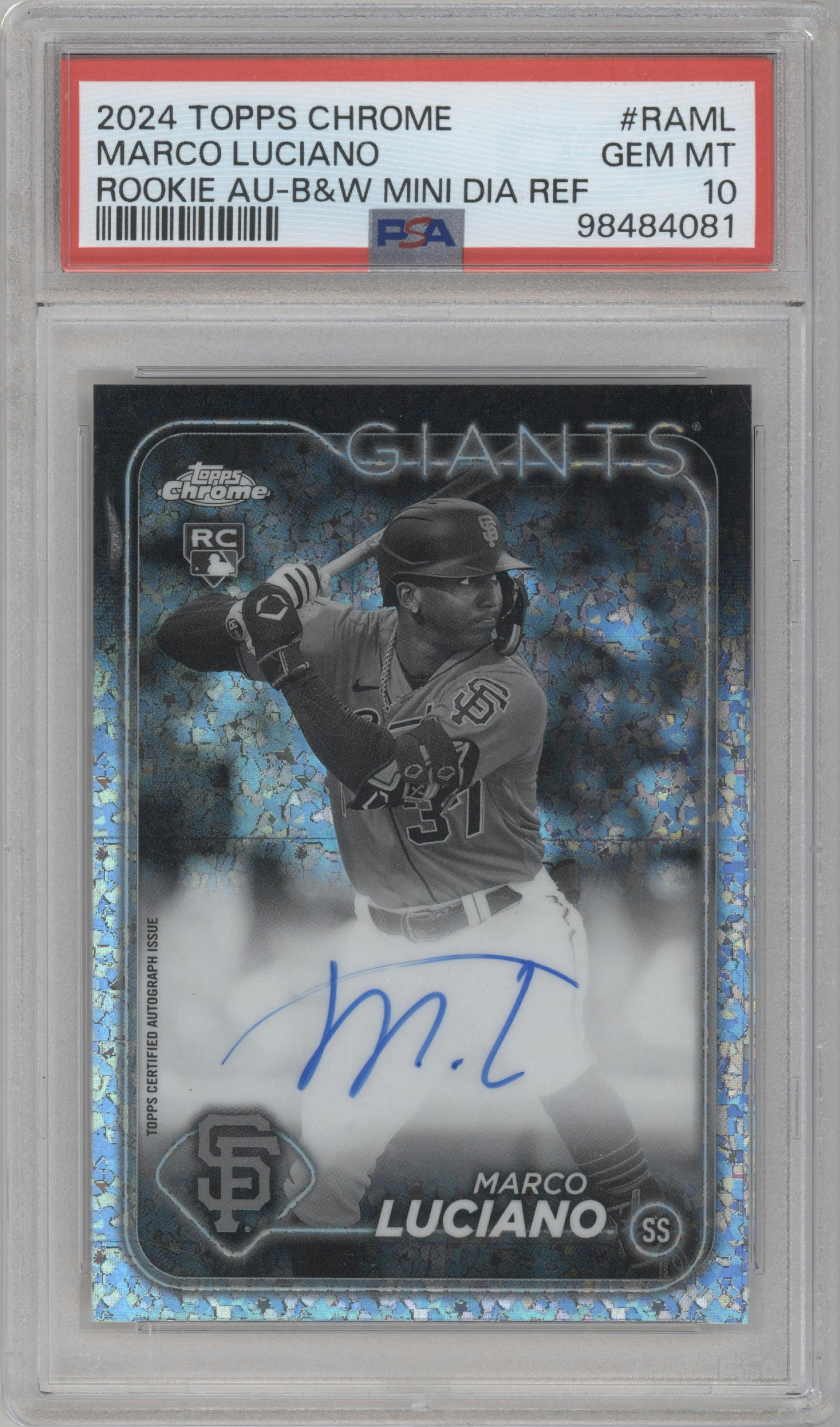 Marco Luciano  from the 2024 Topps Chrome set featuring a Black & White Mini-Diamond Refractor parallel graded by PSA and given an overall grade of 10.