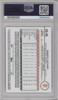Marco Luciano  from the 2024 Topps Chrome set featuring a Black & White Mini-Diamond Refractor parallel graded by PSA and given an overall grade of 10.