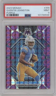 Quentin Johnston from the 2023 Panini Mosaic set featuring a Purple Mosaic parallel graded by PSA and given an overall grade of 9.