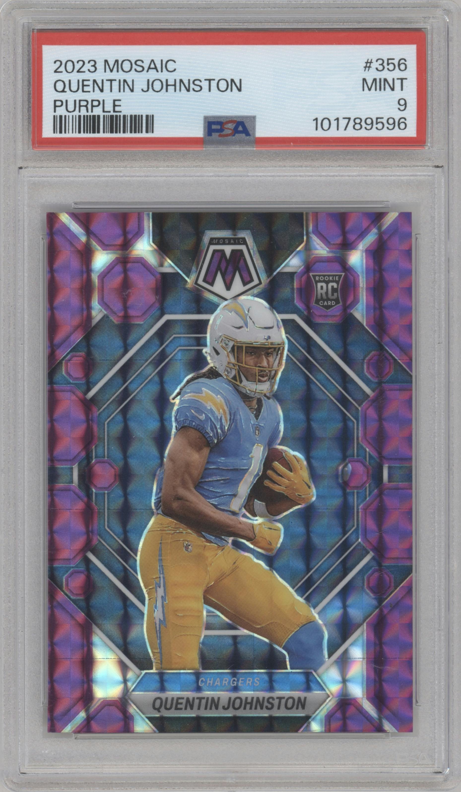Quentin Johnston from the 2023 Panini Mosaic set featuring a Purple Mosaic parallel graded by PSA and given an overall grade of 9.