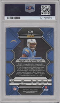 Quentin Johnston from the 2023 Panini Mosaic set featuring a Purple Mosaic parallel graded by PSA and given an overall grade of 9.
