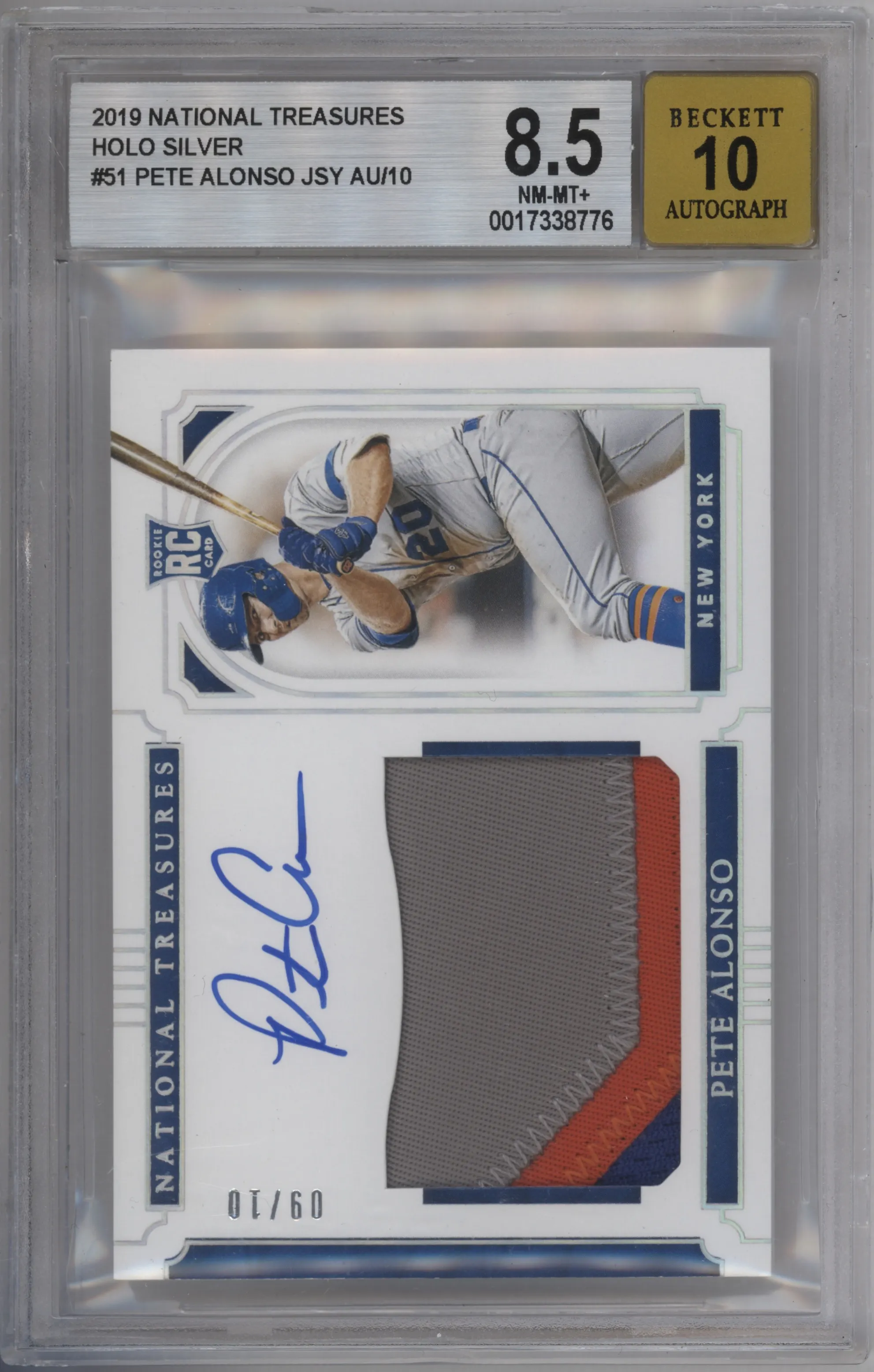 2019 Panini National Treasures Rke.Mat.Sig. Pete Alonso Silver #51 BGS 8.5