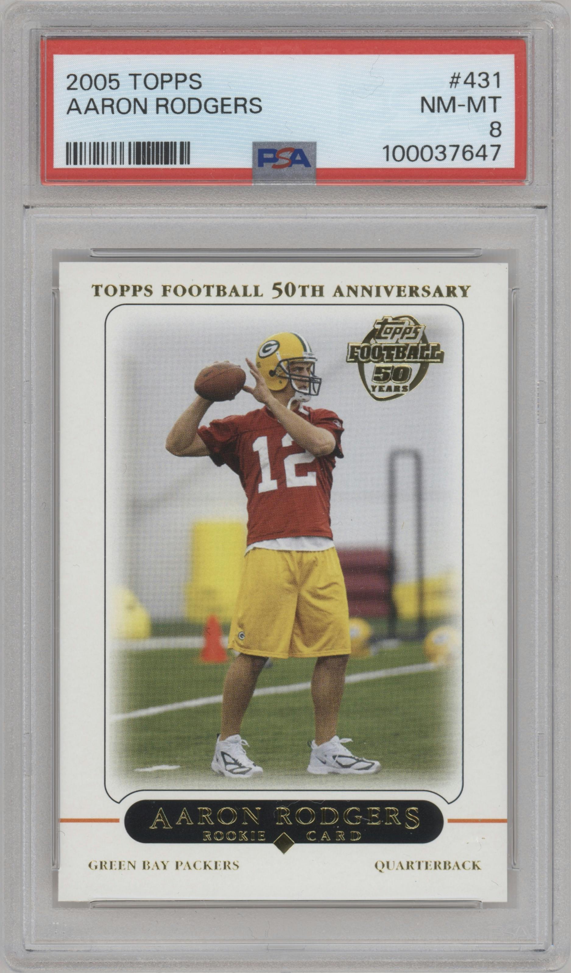 Aaron Rodgers from the 2005 Topps set graded by PSA and given an overall grade of 8.