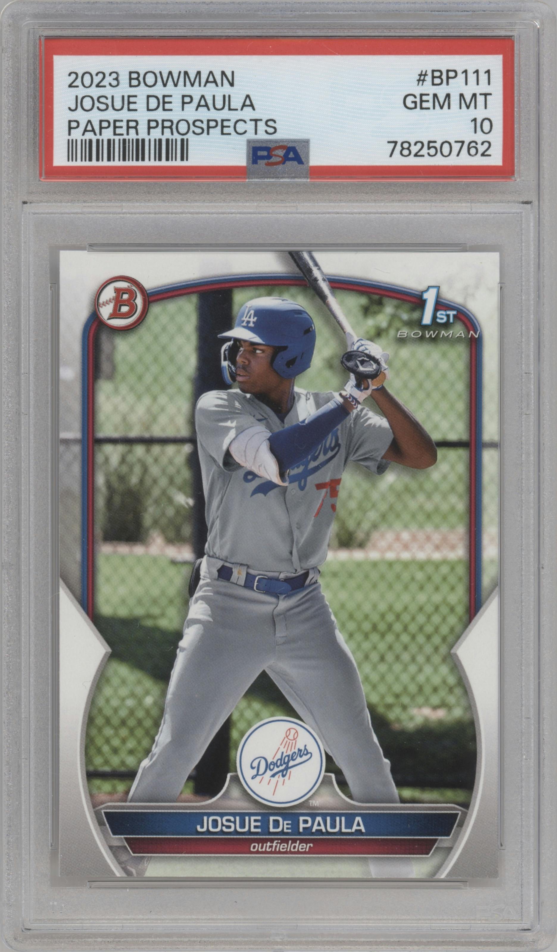 Josue De Paula from the 2023 Bowman  set graded by PSA and given an overall grade of 10.
