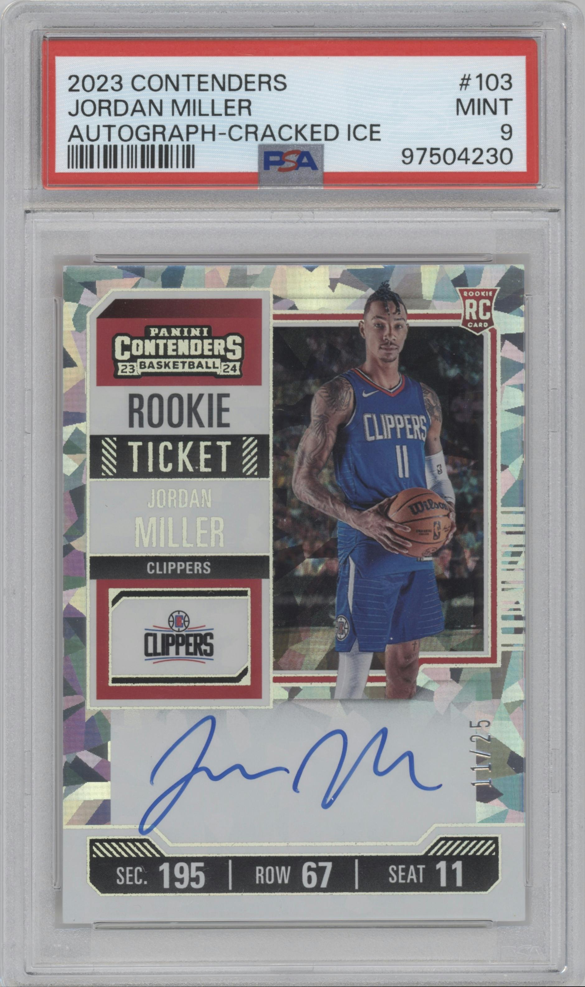 Jordan Miller from the 2023-24 Panini Contenders set featuring a Cracked Ice parallel graded by PSA and given an overall grade of 9.