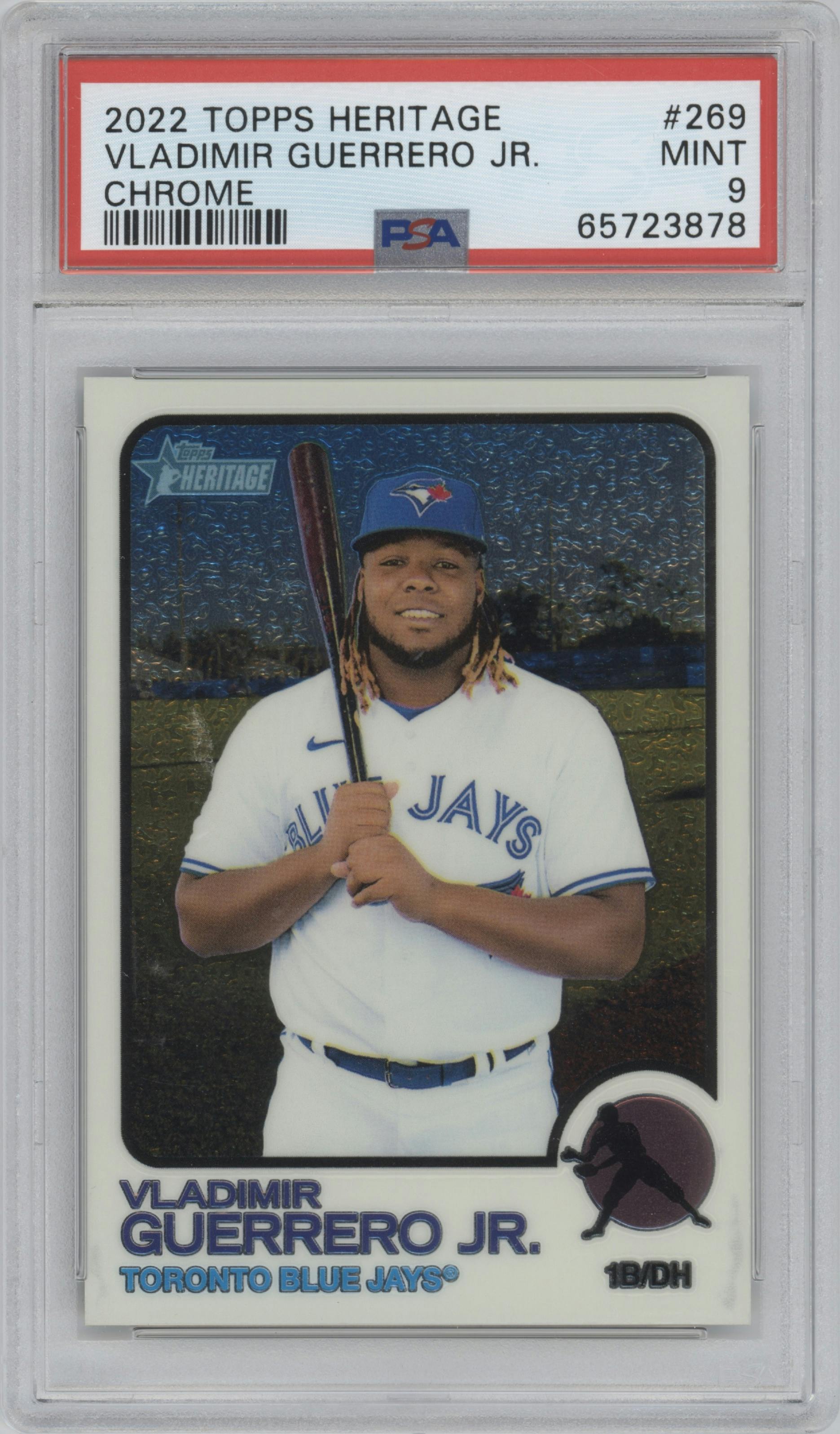 Vladimir Guerrero Jr. from the 2022 Topps Heritage set graded by PSA and given an overall grade of 9.