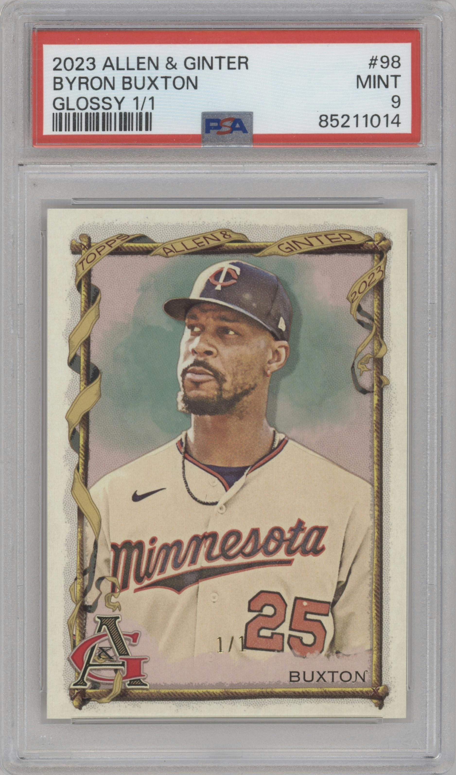 Byron Buxton from the 2023 Topps Allen & Ginter set featuring a Glossy parallel graded by PSA and given an overall grade of 9.