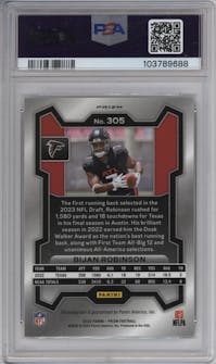 Bijan Robinson from the 2023 Panini Prizm set featuring a No Huddle parallel graded by PSA and given an overall grade of 10.