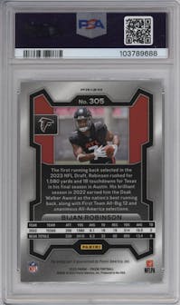 Bijan Robinson from the 2023 Panini Prizm set featuring a No Huddle parallel graded by PSA and given an overall grade of 10.