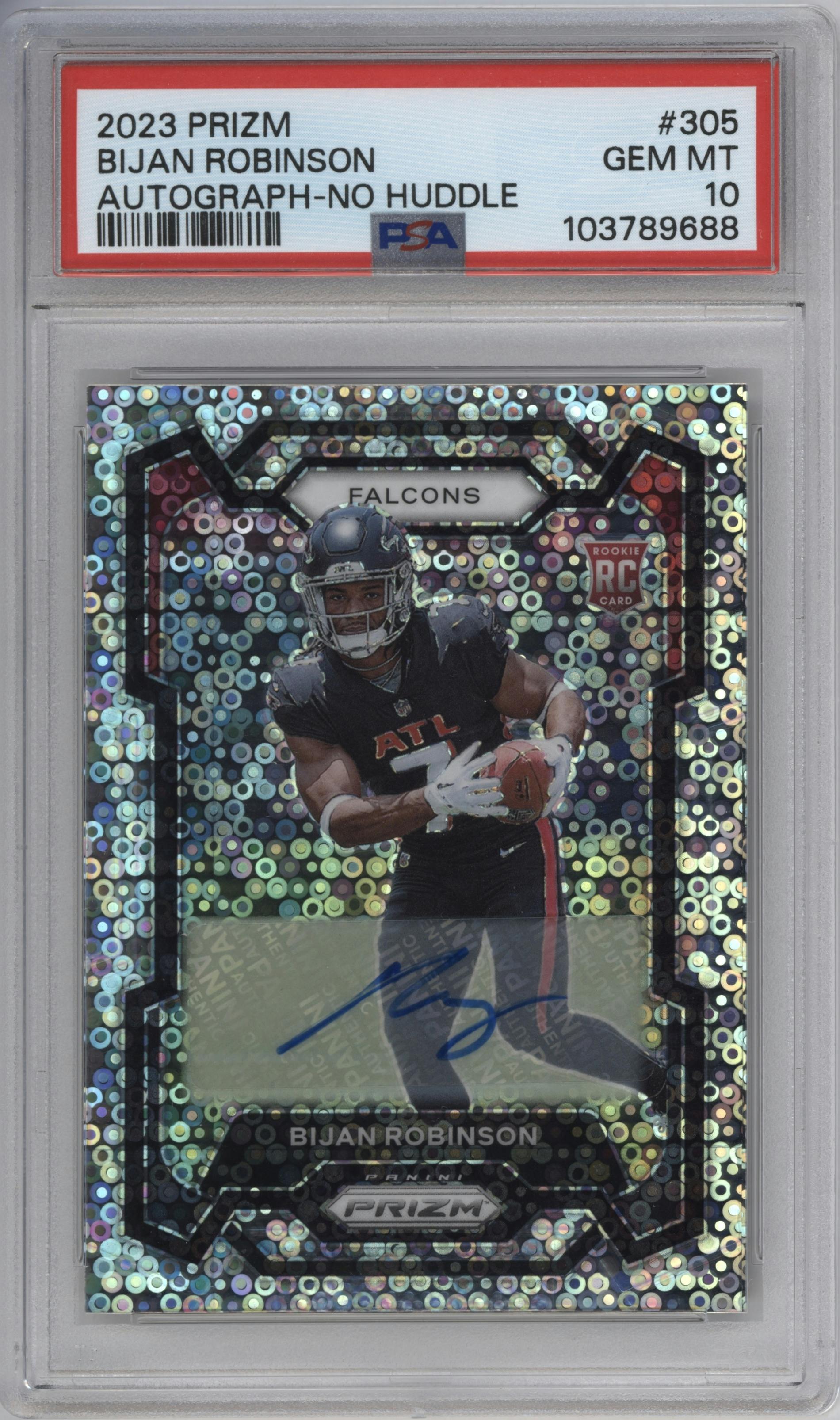 Bijan Robinson from the 2023 Panini Prizm set featuring a No Huddle parallel graded by PSA and given an overall grade of 10.