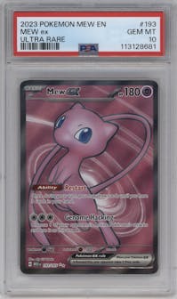 Mew ex from the 2023 Pokemon SV set graded by PSA and given an overall grade of 10.