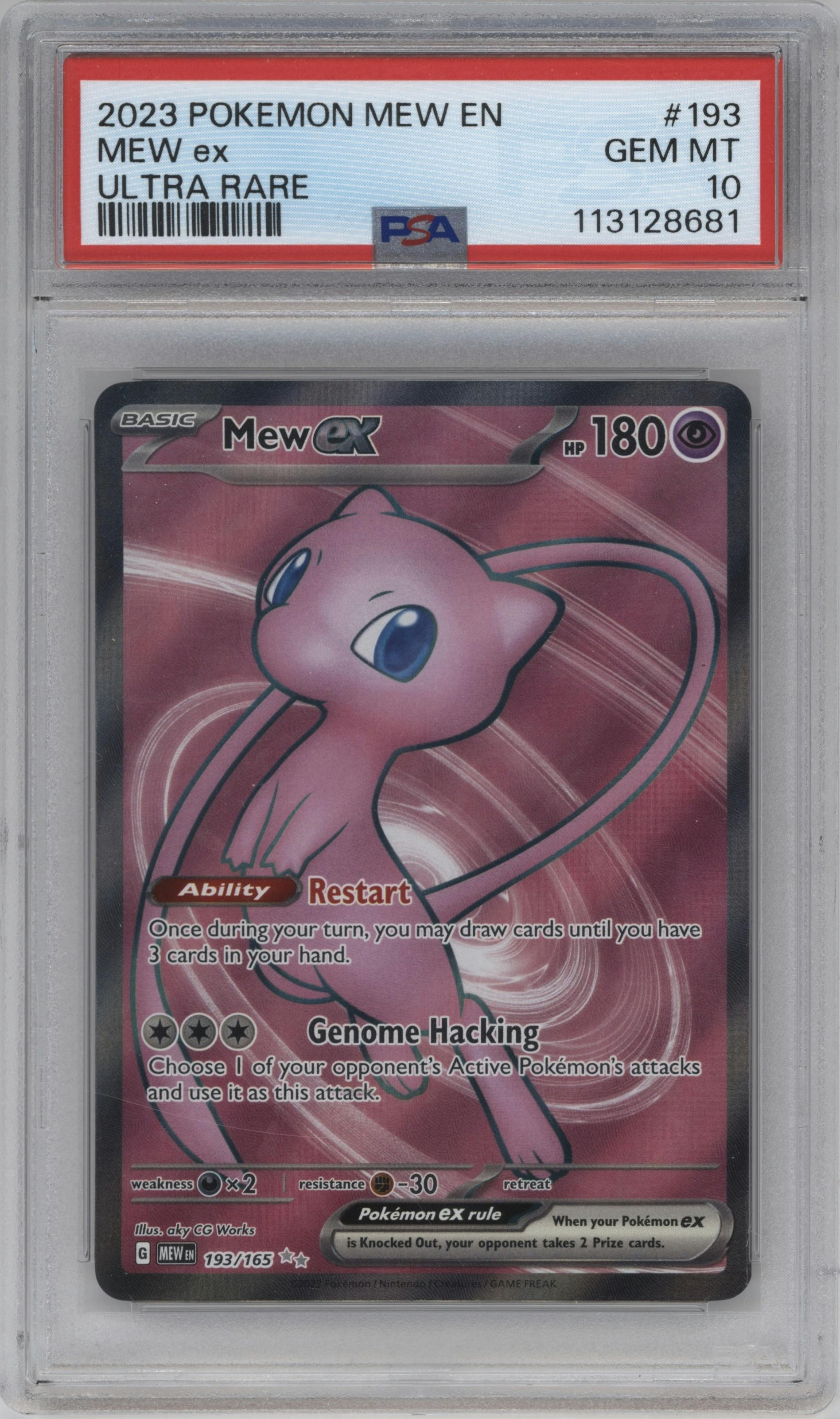 Mew ex from the 2023 Pokemon SV set graded by PSA and given an overall grade of 10.