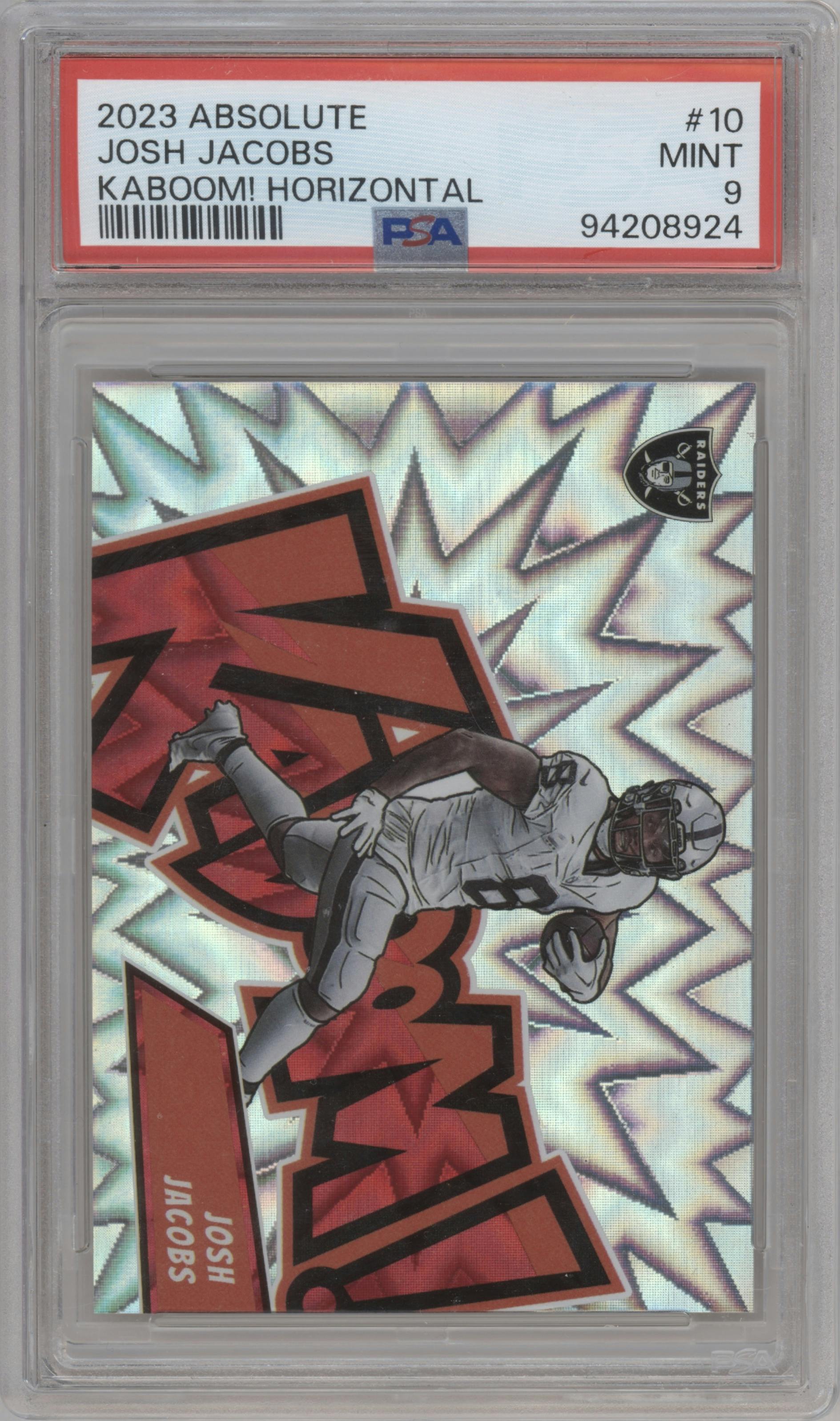 Josh Jacobs from the 2023 Panini Absolute set graded by PSA and given an overall grade of 9.