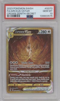 Arceus VSTAR from the 2023 Pokemon SWSH set graded by PSA and given an overall grade of 10.