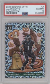 Jalen Hurts from the 2023 Donruss Optic set graded by PSA and given an overall grade of 10.