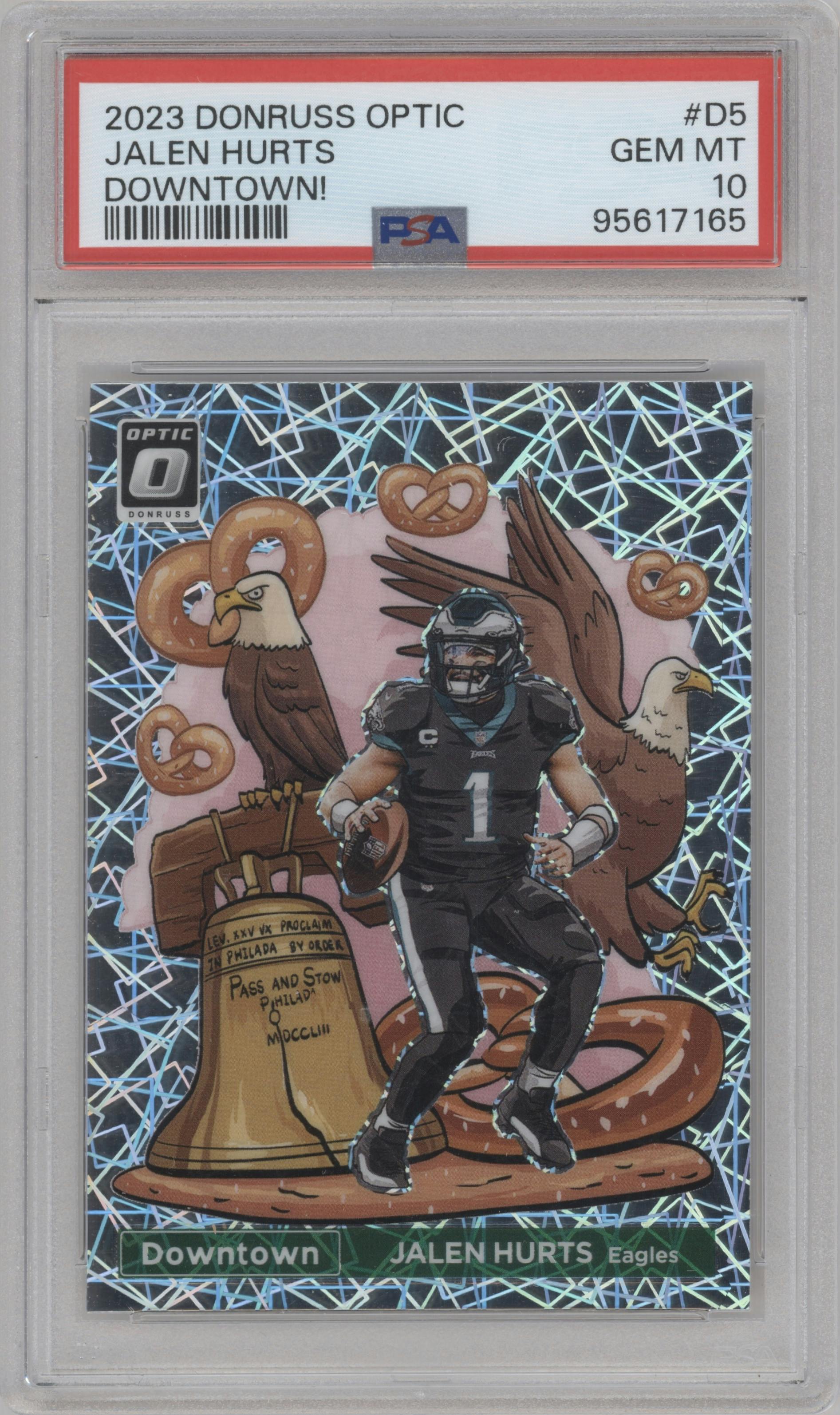 Jalen Hurts from the 2023 Donruss Optic set graded by PSA and given an overall grade of 10.