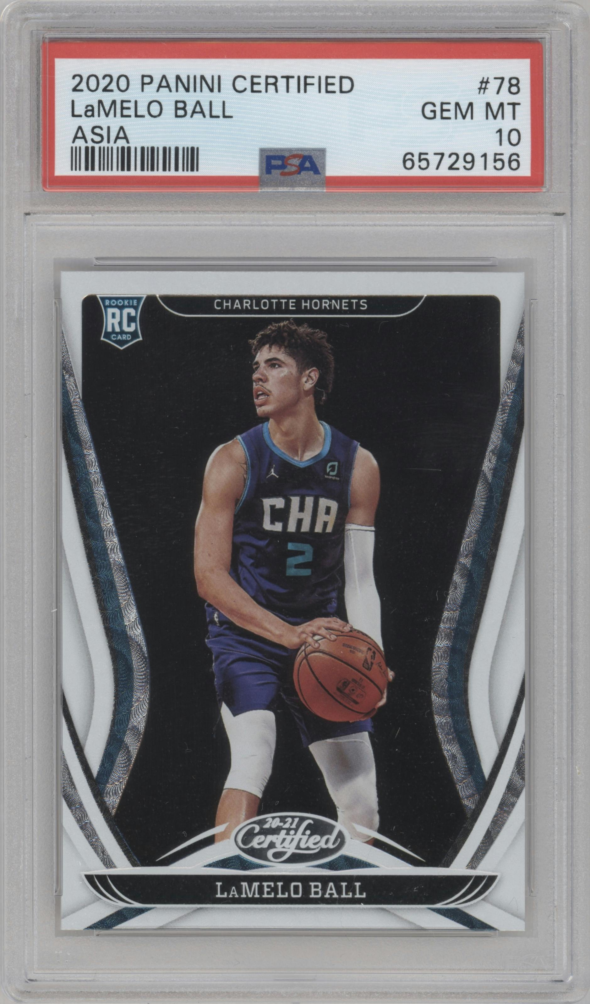 LaMelo Ball from the 2020-21 Panini Certified set featuring a Asia Exclusive parallel graded by PSA and given an overall grade of 10.