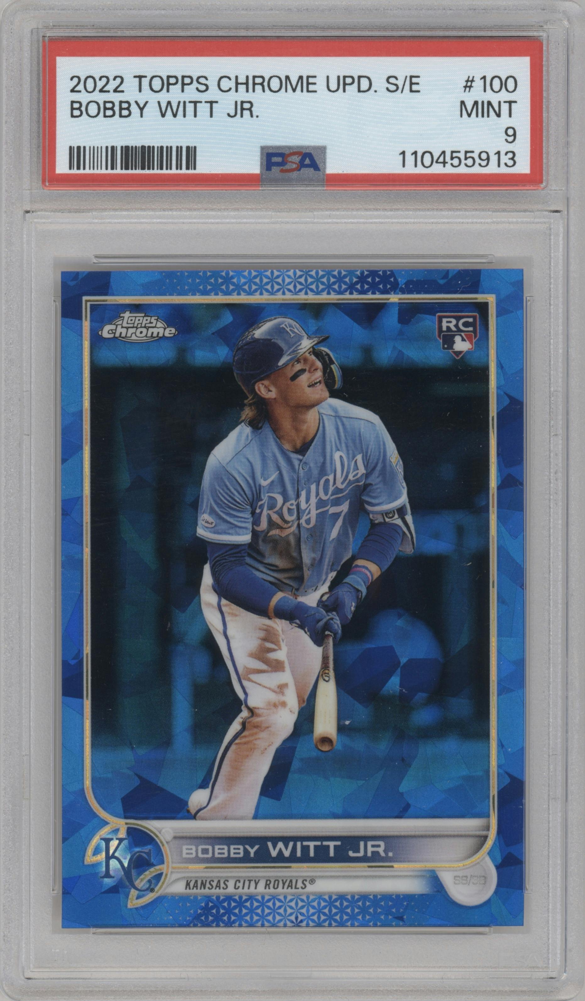 Bobby Witt Jr. from the 2022 Topps Chrome Update Sapphire Edition  set graded by PSA and given an overall grade of 9.