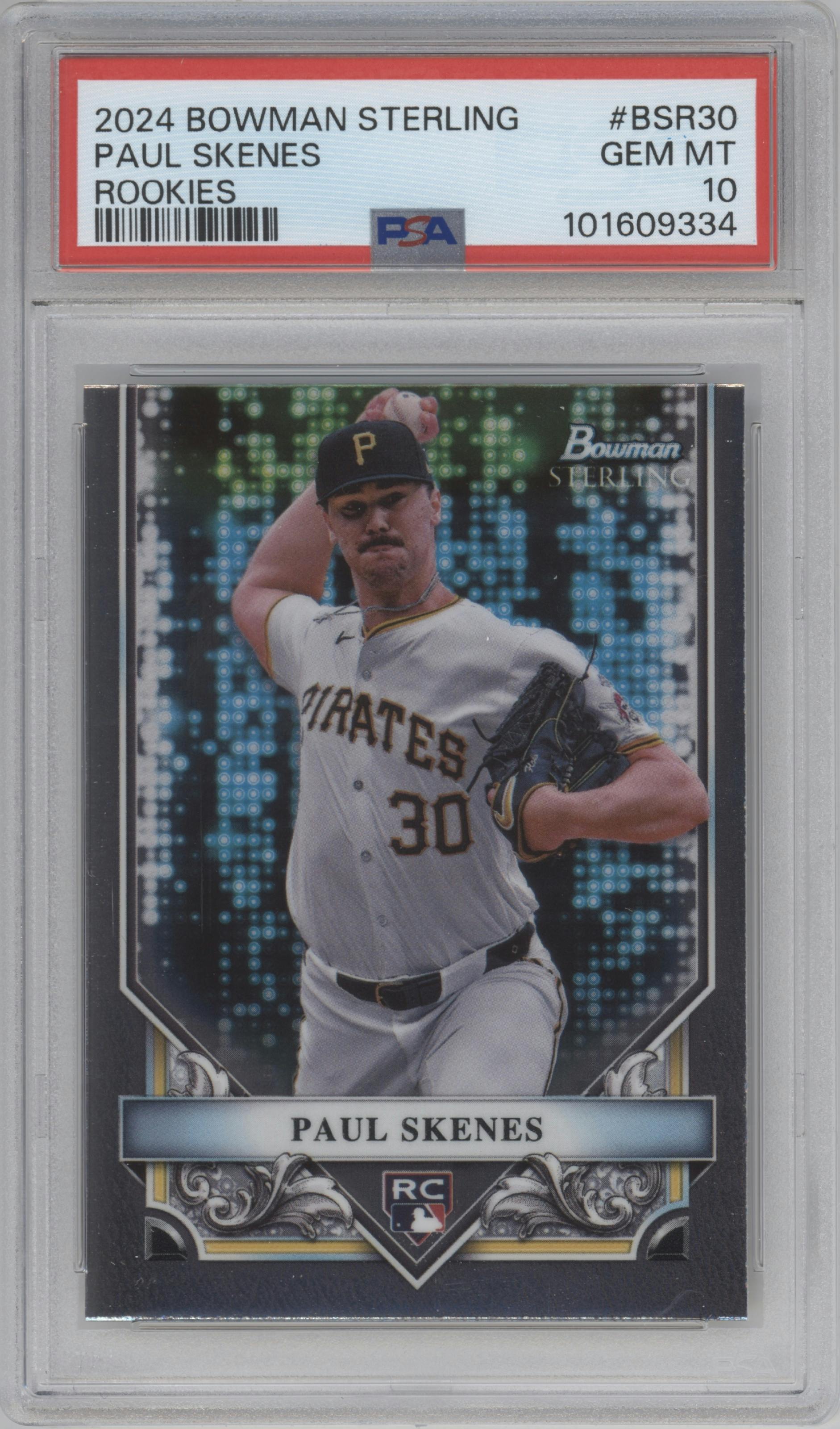 Paul Skenes from the 2024 Bowman Sterling set graded by PSA and given an overall grade of 10.