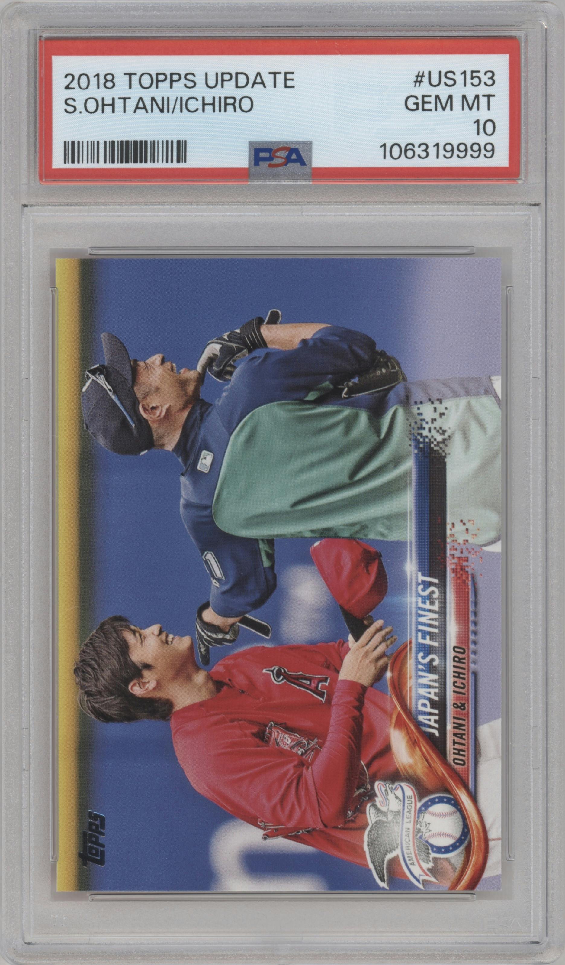 Shohei Ohtani/Ichiro Suzuki from the 2018 Topps Update set graded by PSA and given an overall grade of 10.