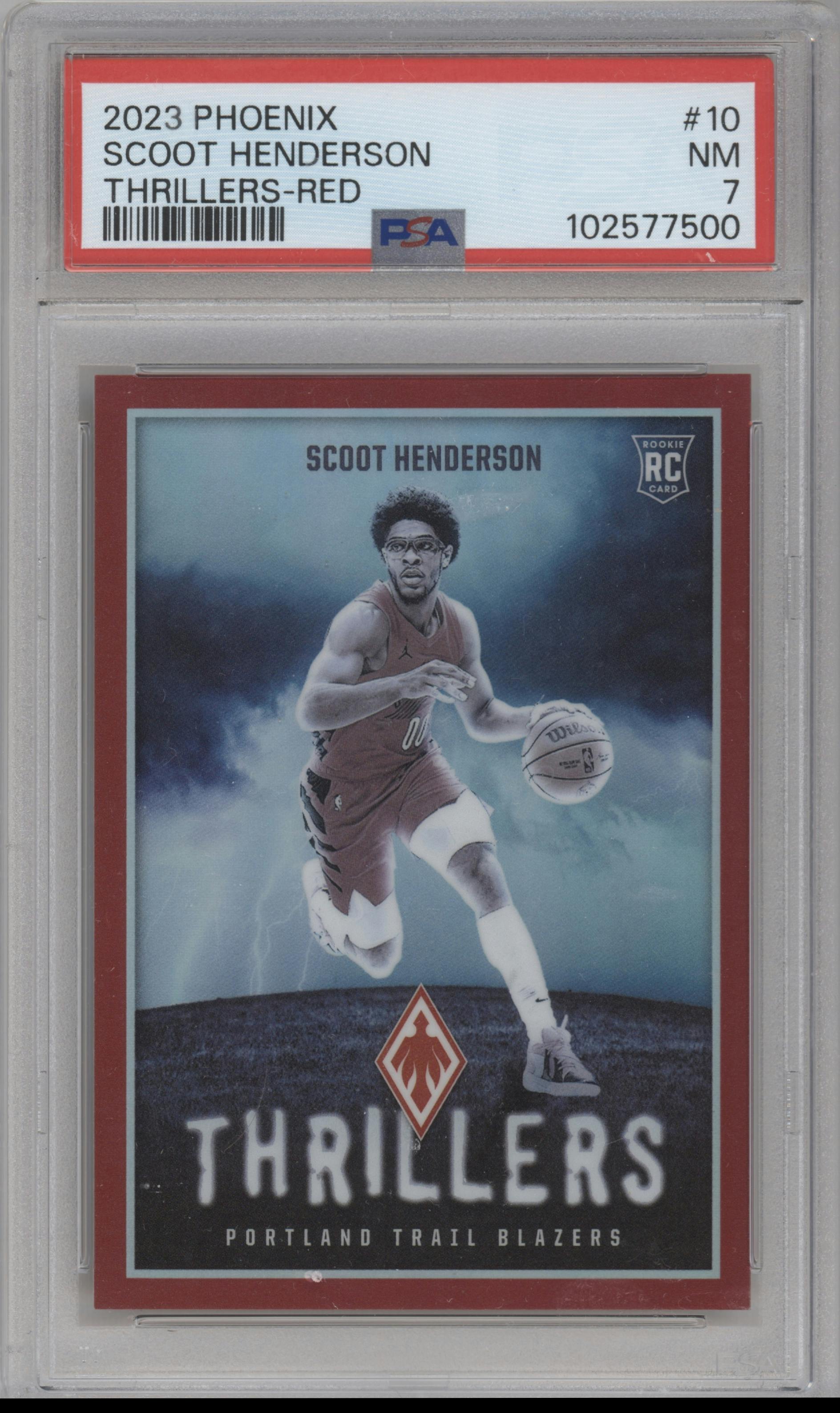 Scoot Henderson from the 2023-24 Panini Phoenix set featuring a Red parallel graded by PSA and given an overall grade of 7.