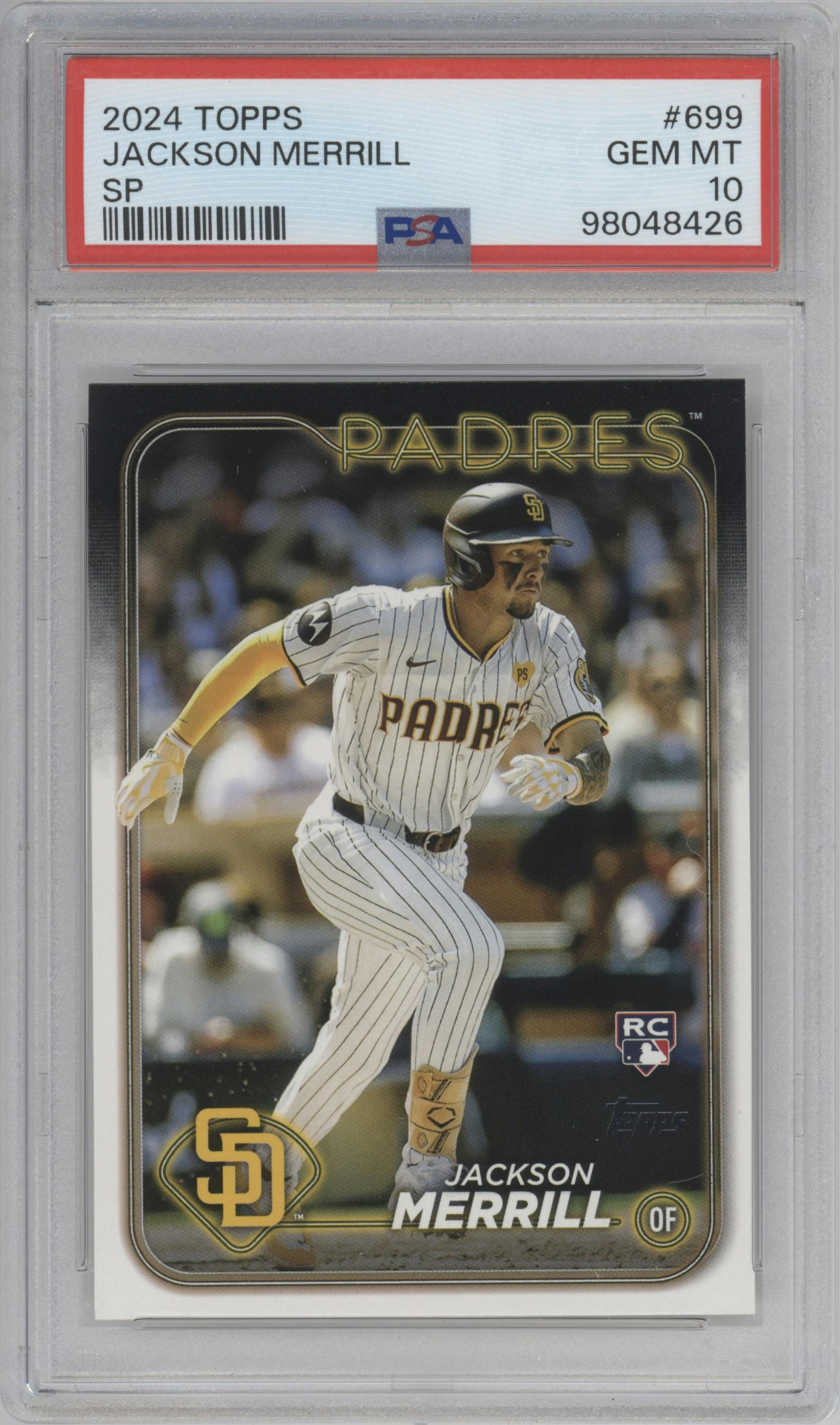 Jackson Merrill from the 2024 Topps  set graded by PSA and given an overall grade of 10.