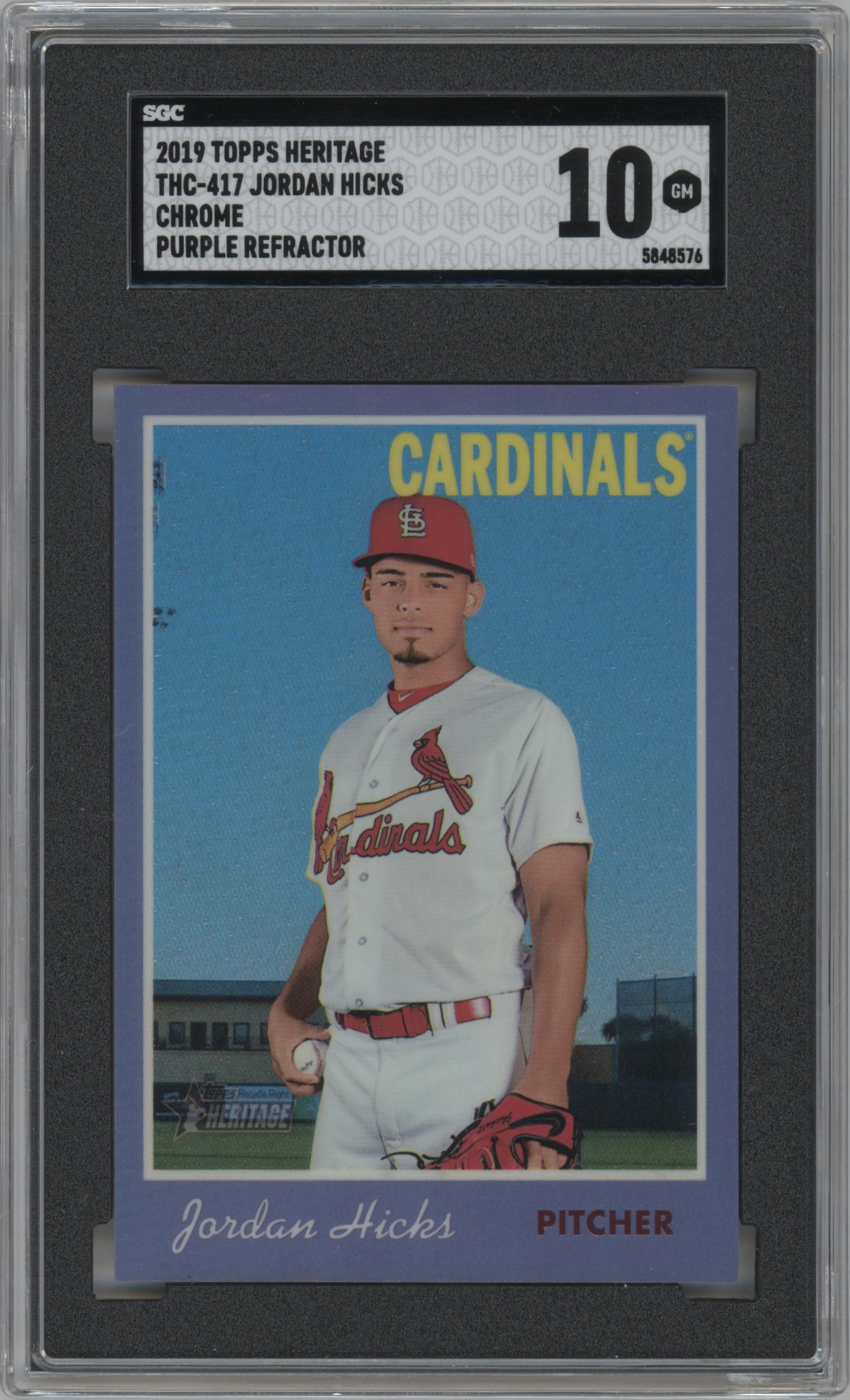 Jordan Hicks from the 2019 Topps Heritage set featuring a Purple Hot Box Refractor  parallel graded by SGC and given an overall grade of 10.