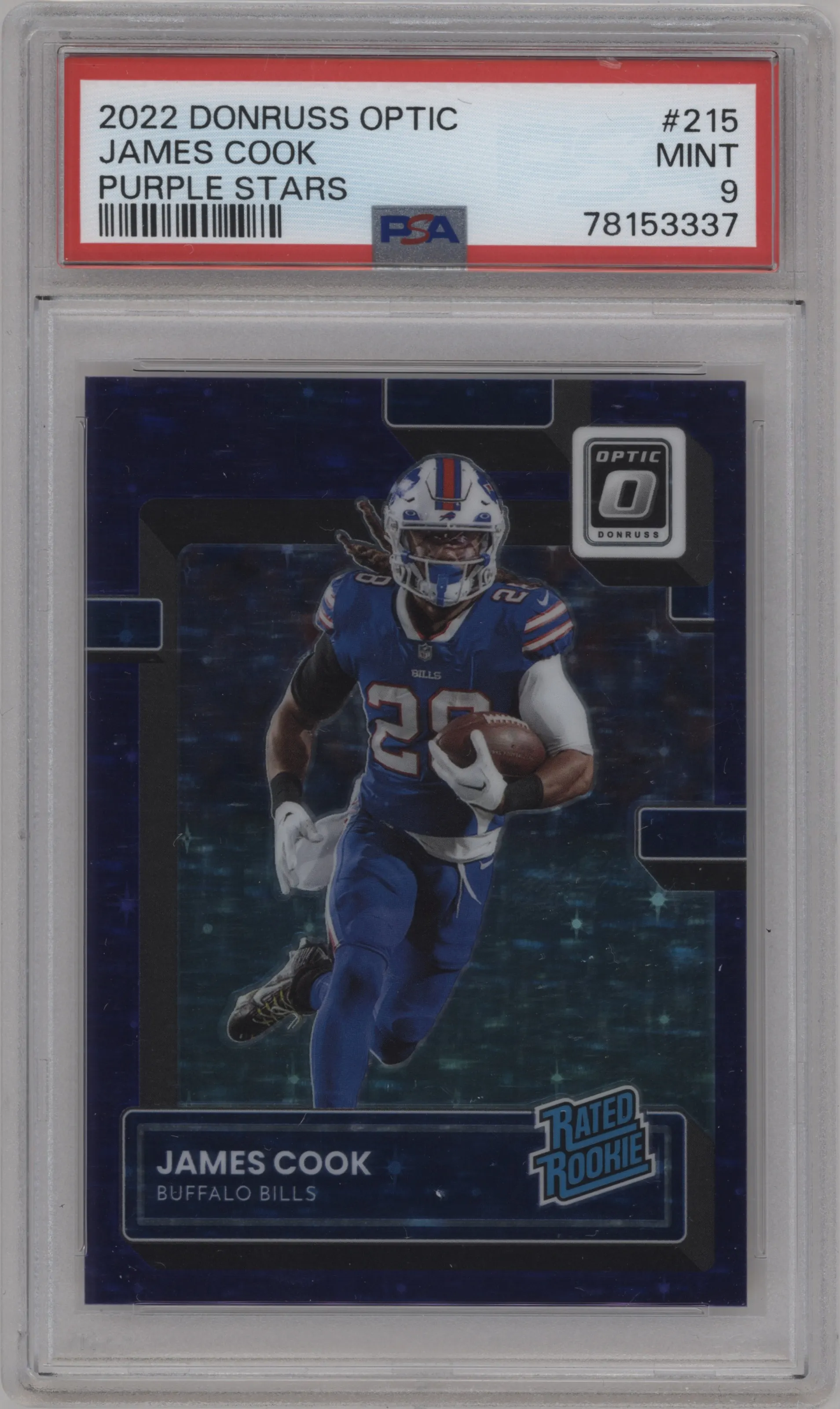 2022 Panini Donruss Optic Rated Rookie James Cook Purple Stars PSA 9