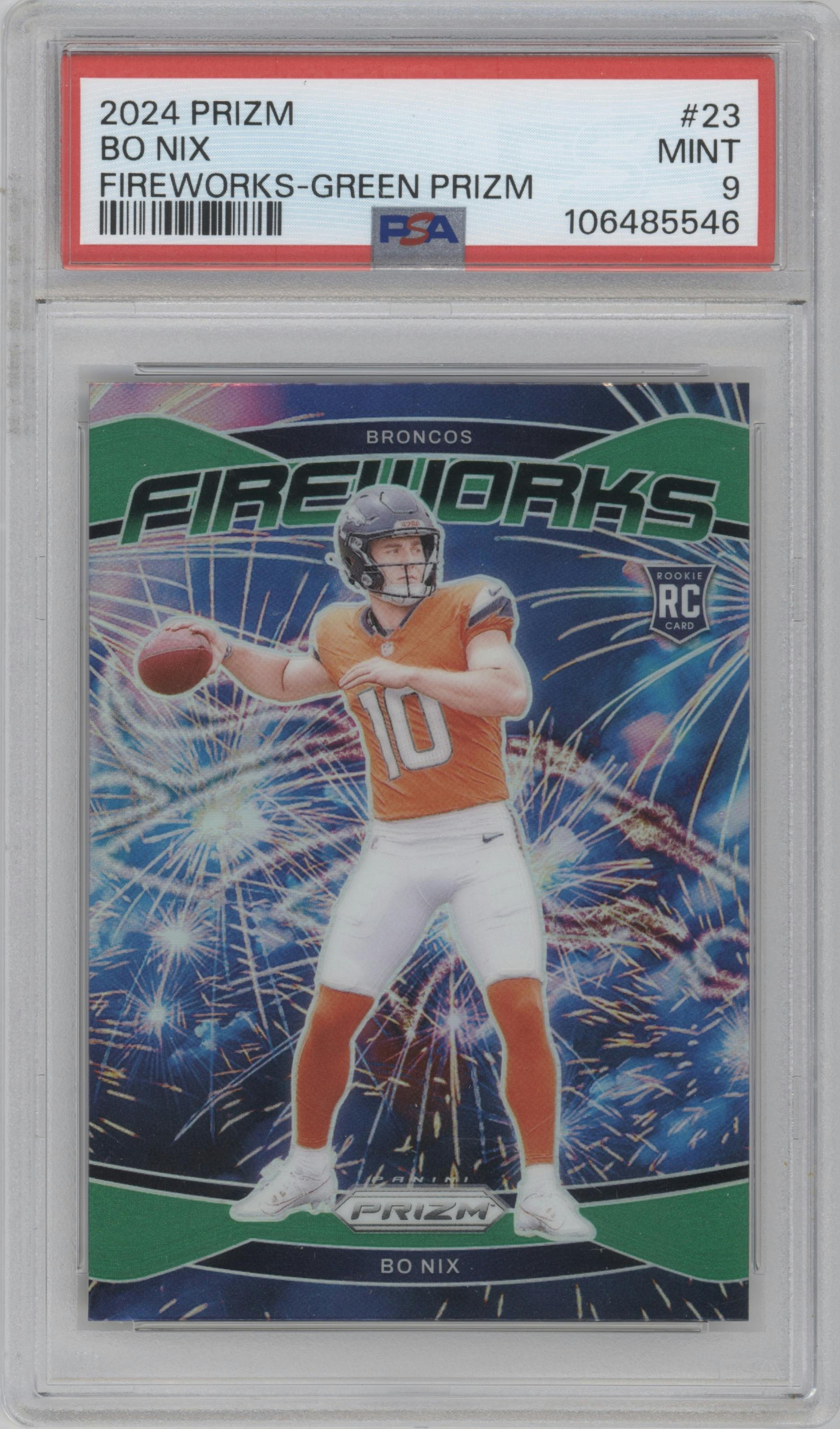 Bo Nix from the 2024 Panini Prizm set featuring a Green Prizm parallel graded by PSA and given an overall grade of 9.