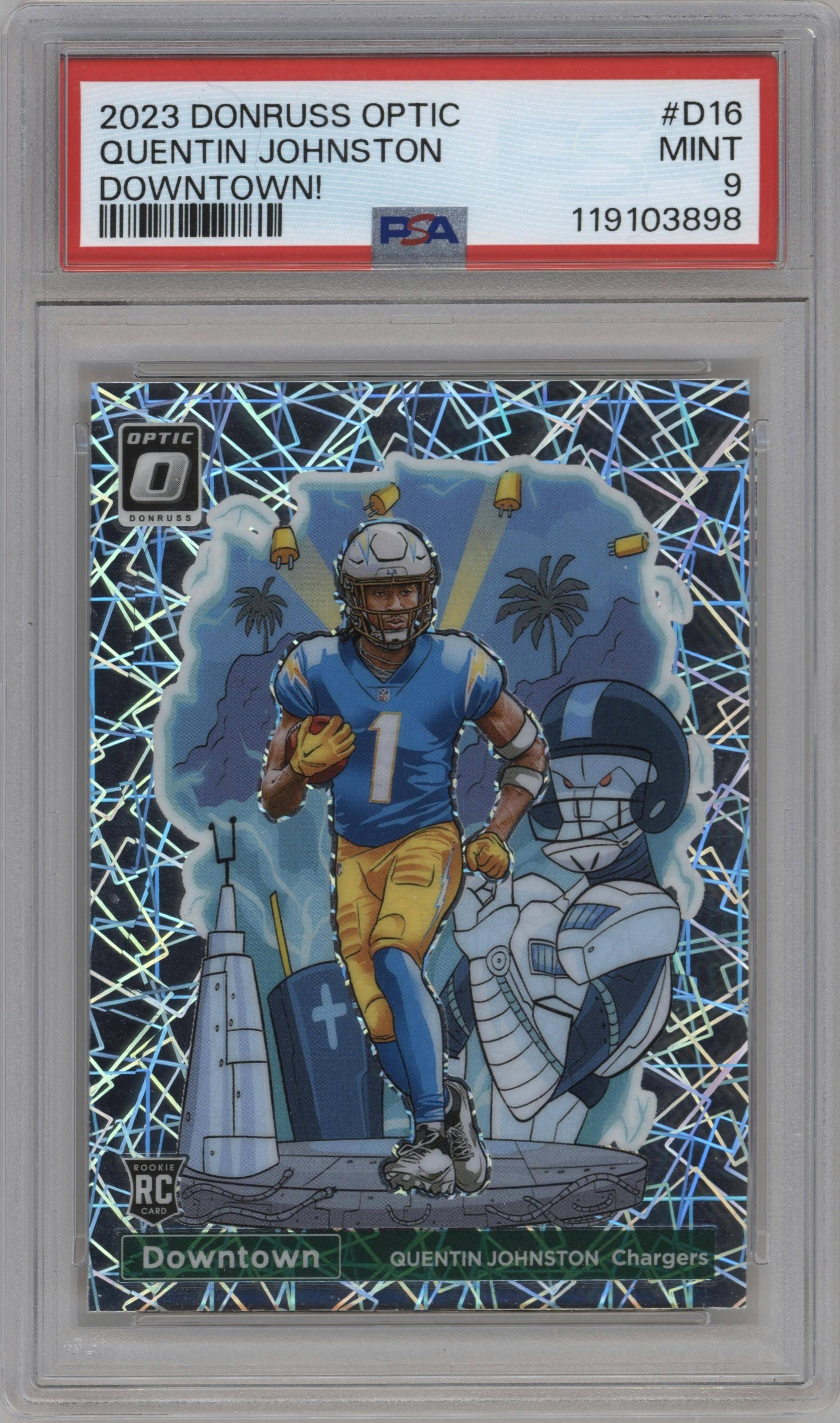 Quentin Johnston from the 2023 Donruss Optic set graded by PSA and given an overall grade of 9.