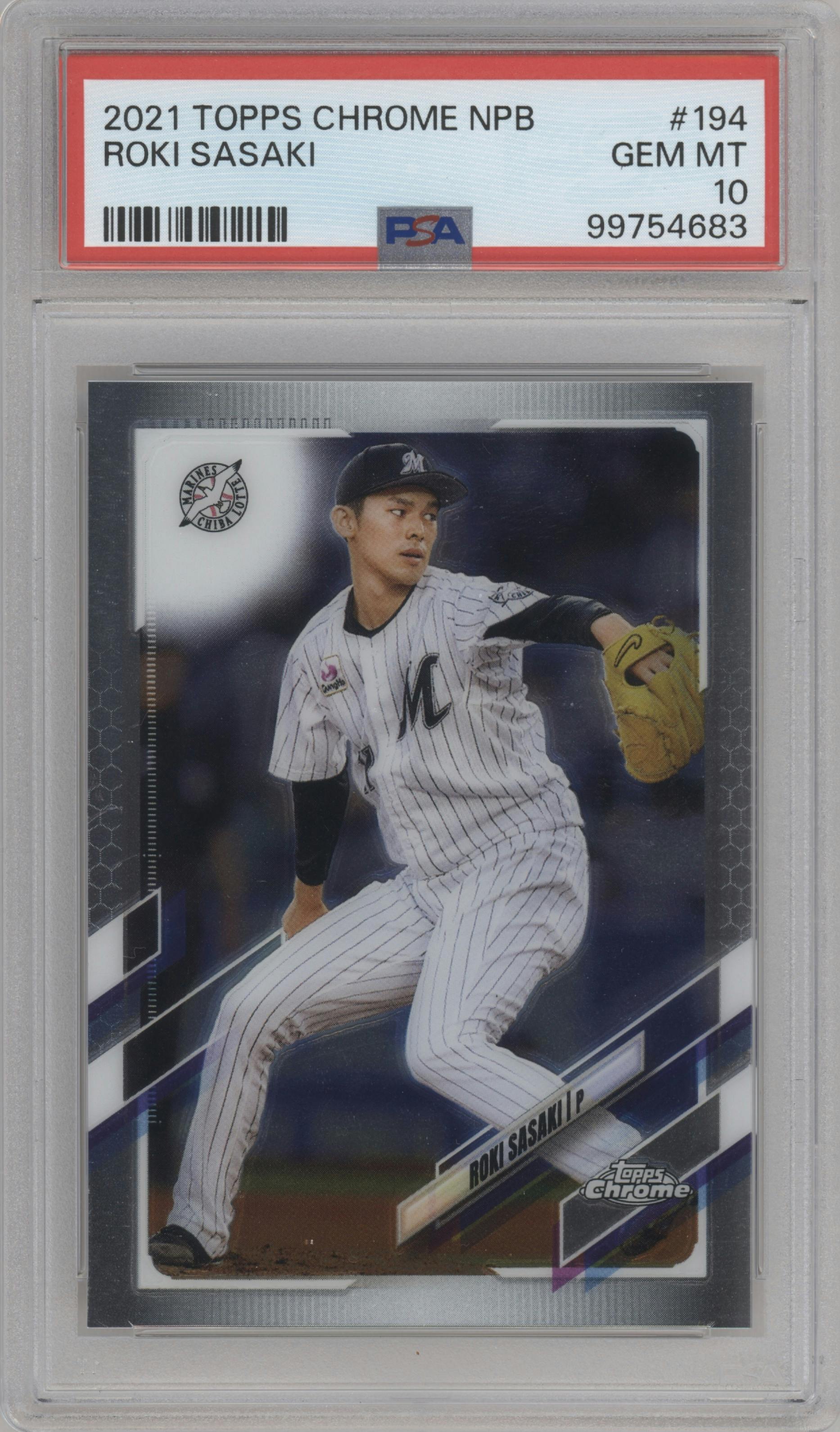 Roki Sasaki from the 2021 Topps Chrome NPB set graded by PSA and given an overall grade of 10.
