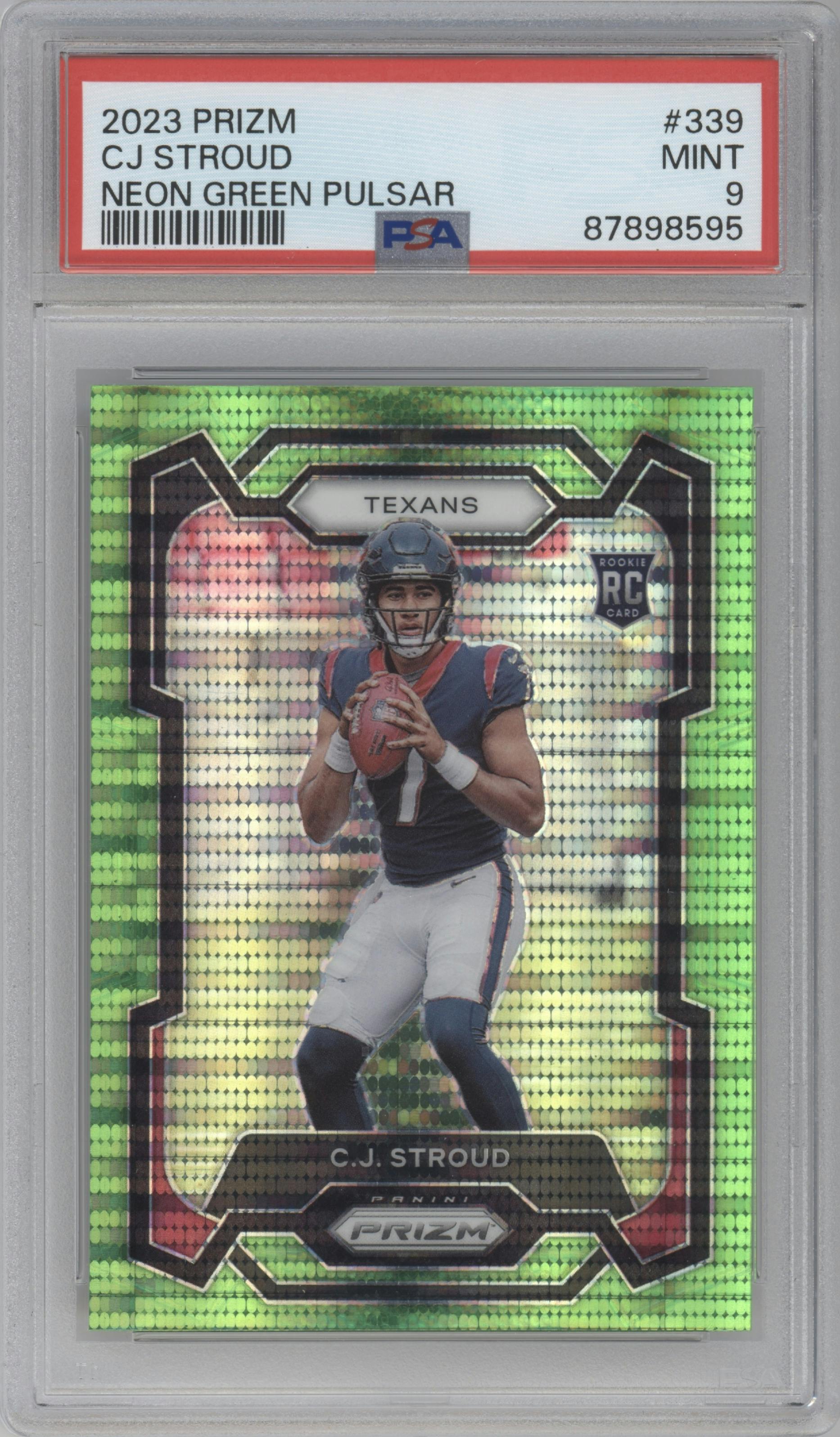C.J. Stroud from the 2023 Panini Prizm set featuring a Neon Green Pulsar parallel graded by PSA and given an overall grade of 9.