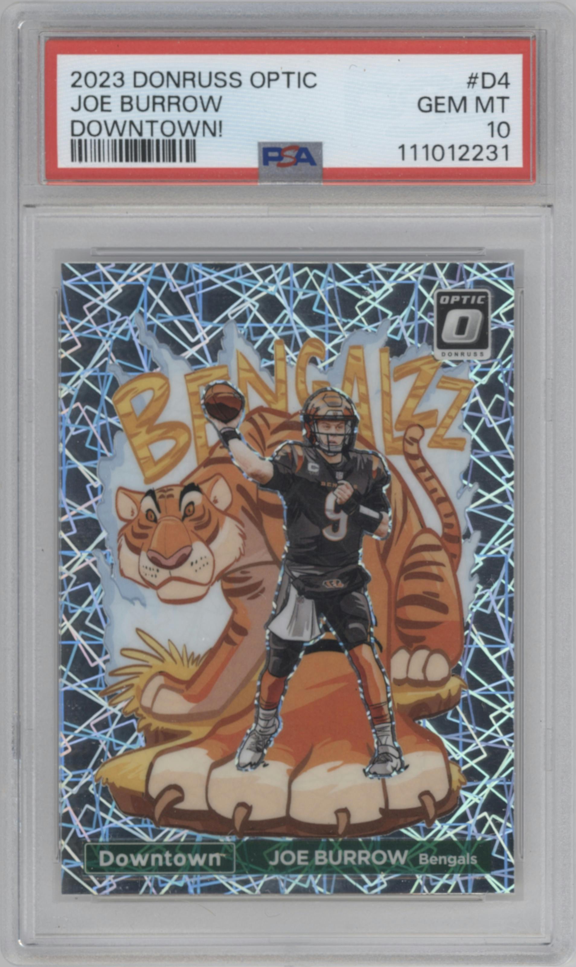 Joe Burrow from the 2023 Donruss Optic set graded by PSA and given an overall grade of 10.