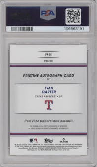 Evan Carter from the 2024 Topps Pristine set featuring a Gold Pristine Refractor parallel graded by PSA and given an overall grade of 10.