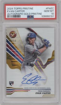 Evan Carter from the 2024 Topps Pristine set featuring a Gold Pristine Refractor parallel graded by PSA and given an overall grade of 10.