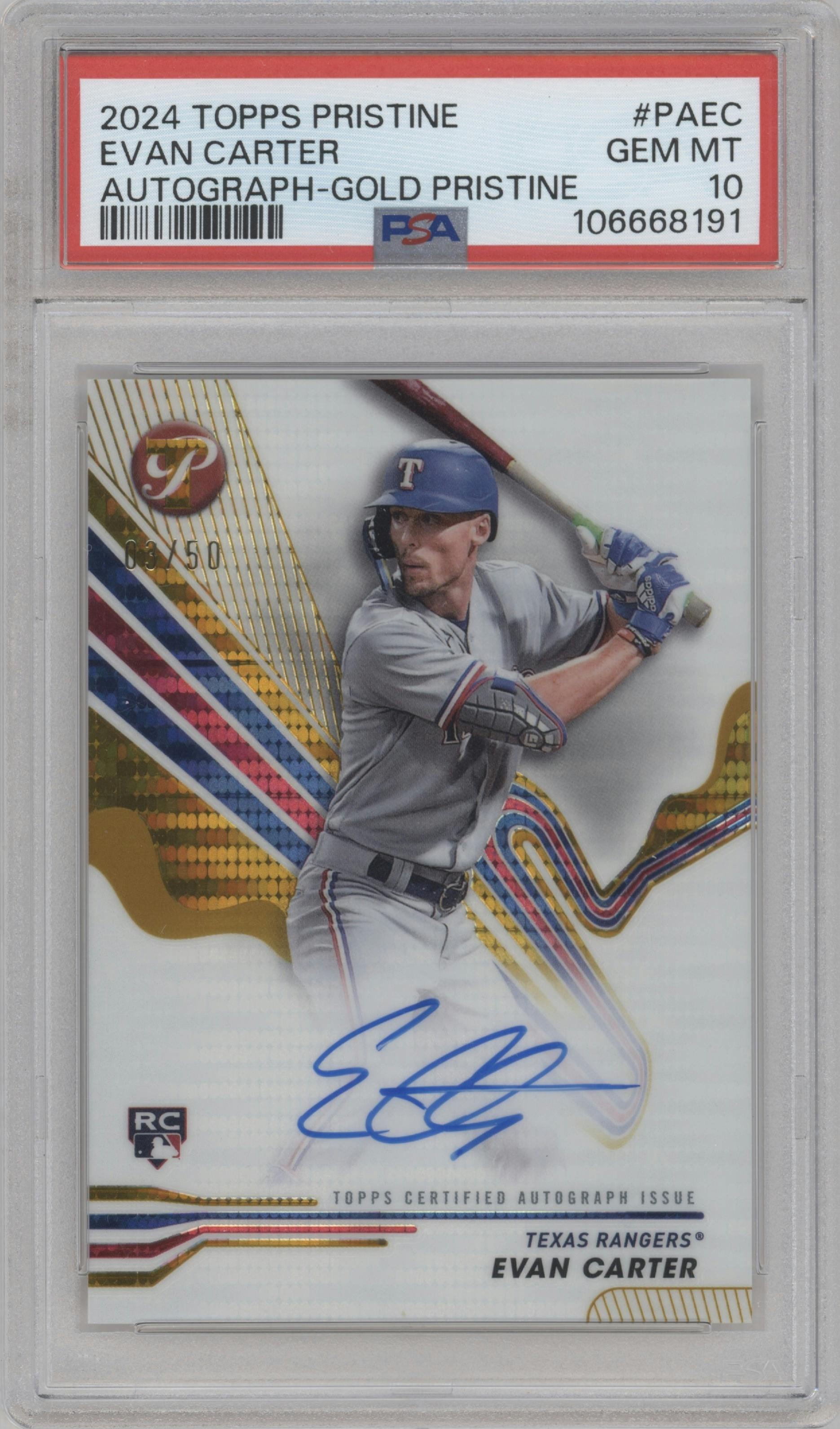 Evan Carter from the 2024 Topps Pristine set featuring a Gold Pristine Refractor parallel graded by PSA and given an overall grade of 10.