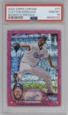 Clayton Kershaw from the 2023 Topps Chrome set featuring a Magenta Speckle Ref. parallel graded by PSA and given an overall grade of 10.