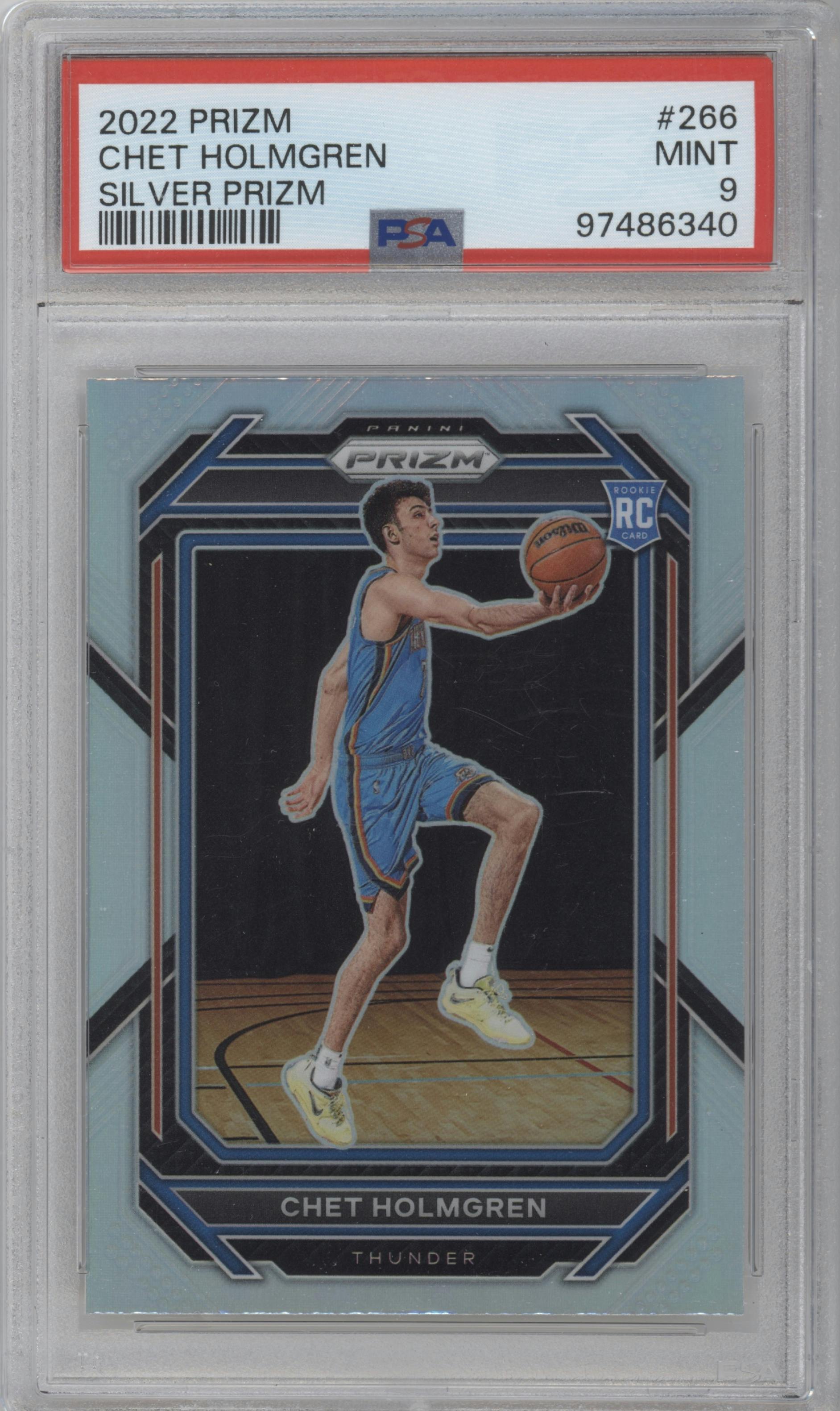 Chet Holmgren from the 2022-23 Panini Prizm  set featuring a Silver Prizm parallel graded by PSA and given an overall grade of 9.