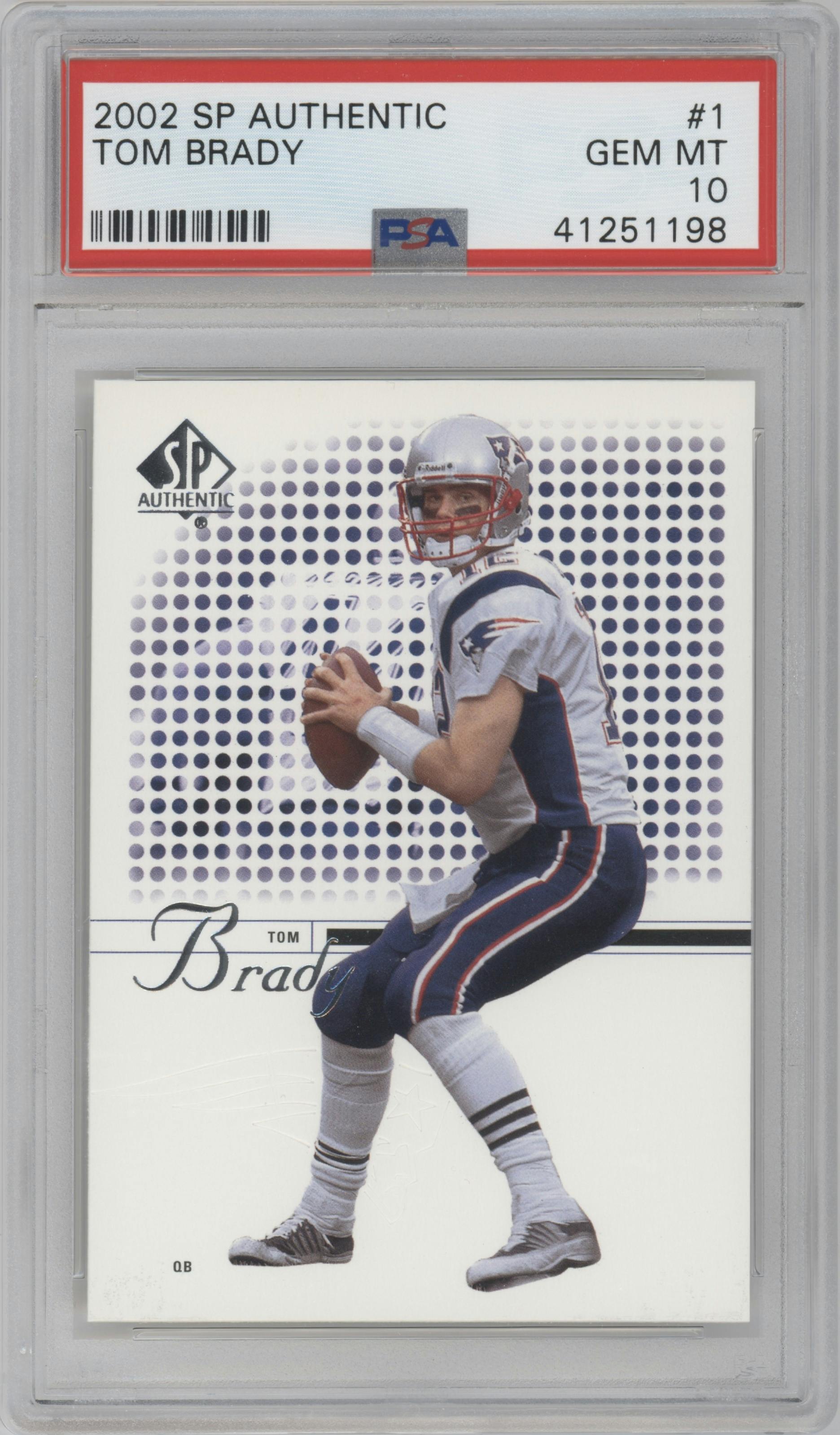 Tom Brady from the 2002 Upper Deck SP Authentic  set graded by PSA and given an overall grade of 10.