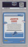 Jahmyr Gibbs from the 2023 Donruss Optic set featuring a Green Velocity parallel graded by PSA and given an overall grade of 9.
