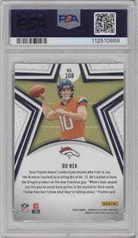 Bo Nix from the 2024 Panini Rookies & Stars set graded by PSA and given an overall grade of 10.