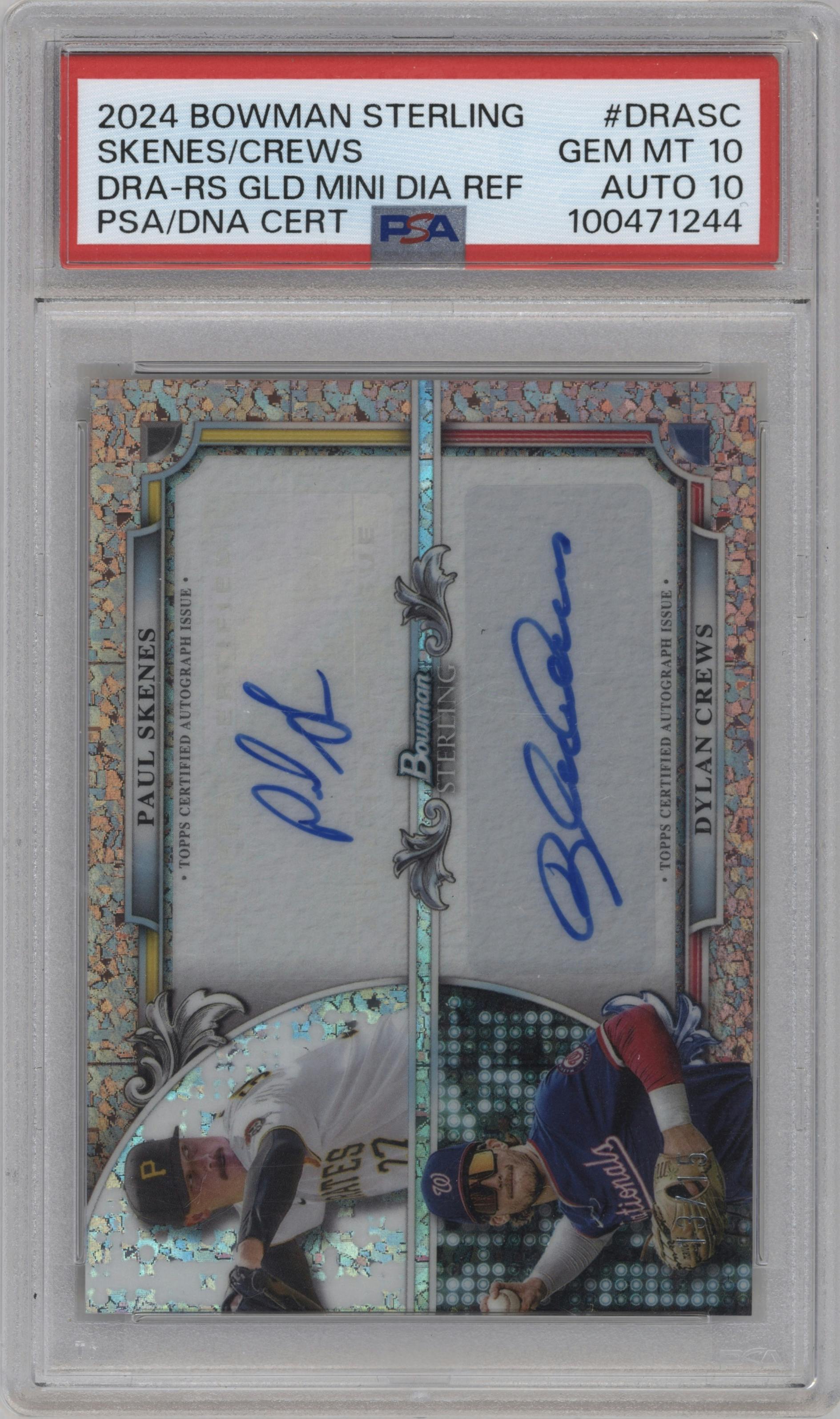 Dylan Crews/Paul Skenes from the 2024 Bowman Sterling set featuring a Rose Gold Mini-Diamond  parallel graded by PSA and given an overall grade of 10.