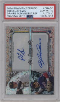 Dylan Crews/Paul Skenes from the 2024 Bowman Sterling set featuring a Rose Gold Mini-Diamond parallel graded by PSA and given an overall grade of 10.